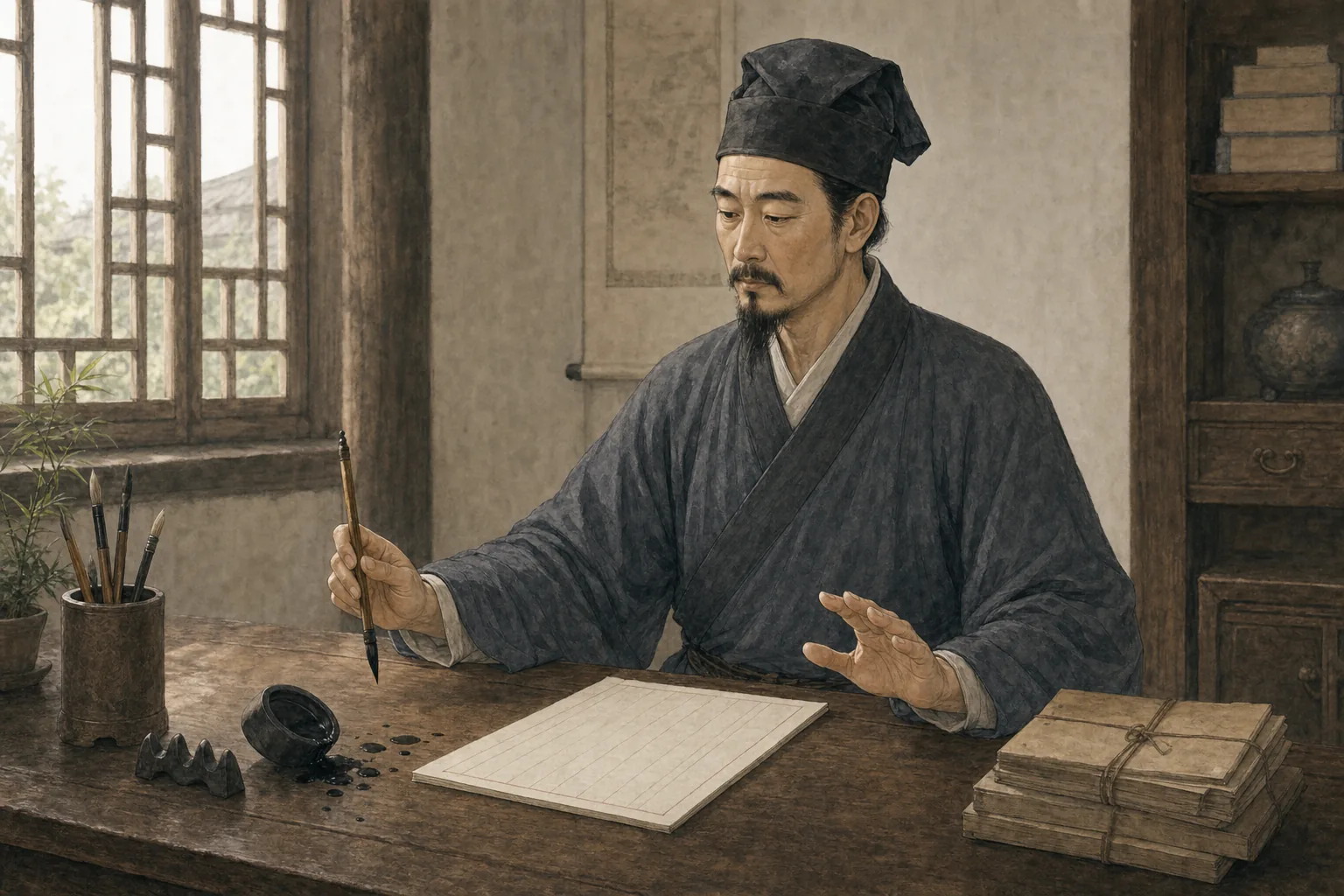 中年袁了凡在书案前停笔，先观察洒出的墨再继续记录