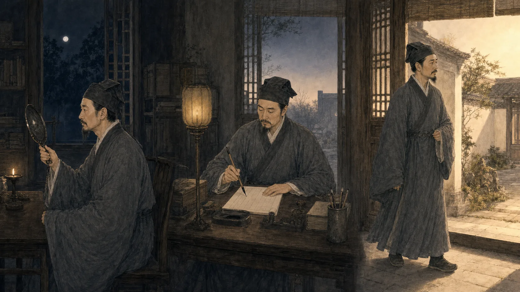 同一位中年袁了凡从夜间照镜自省、伏案记录，到清晨走向庭院的连续场景