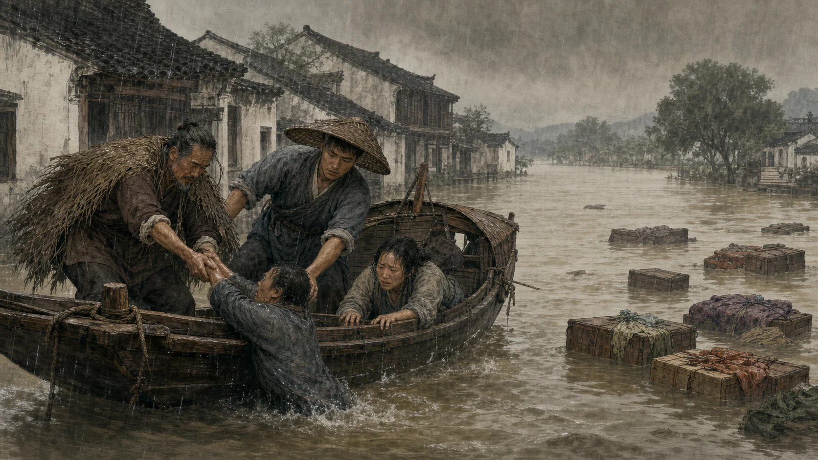 明代江河暴涨后，摆渡者在雨雾中救起落水百姓，漂流财物从船旁经过而无人伸手