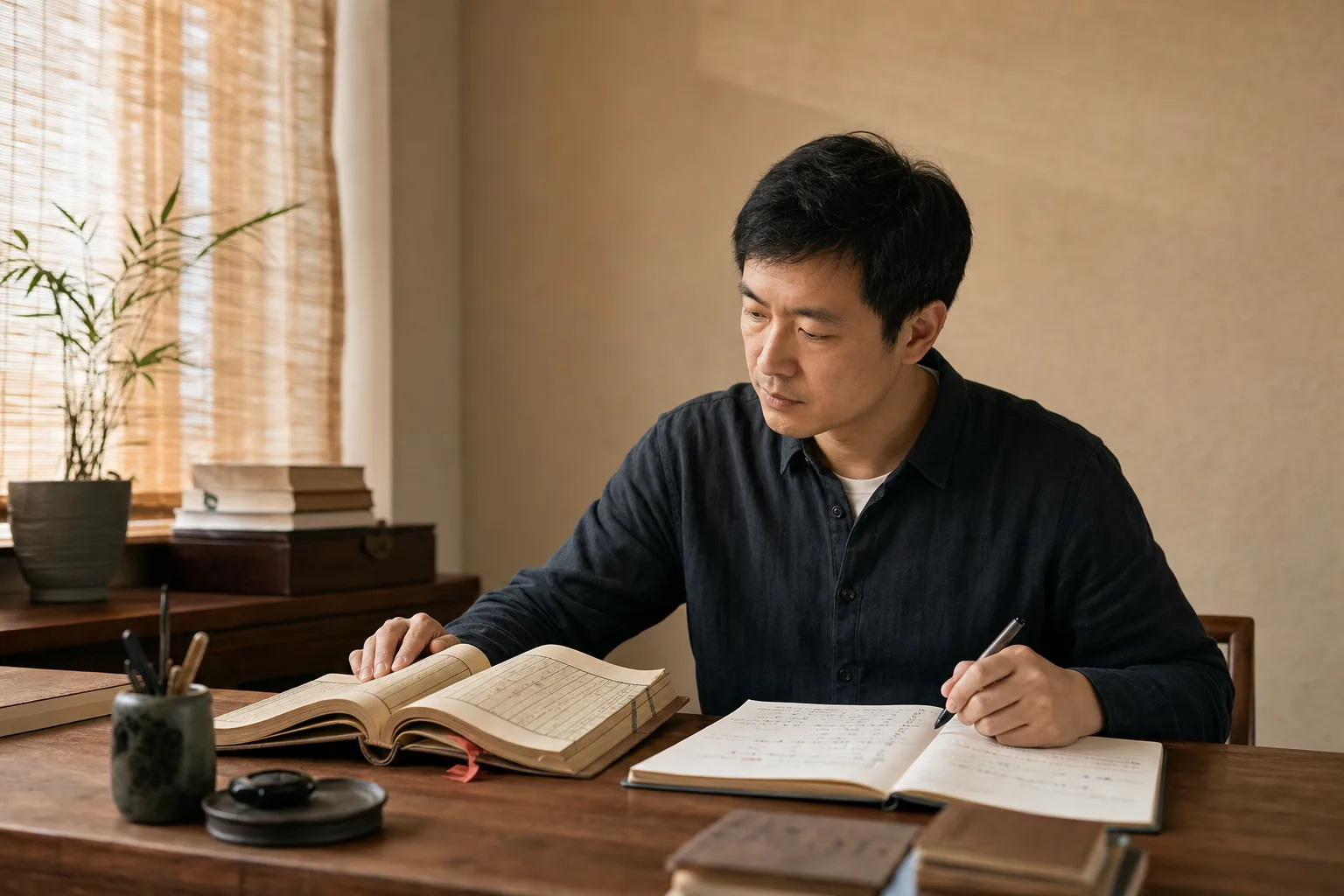 现代读者在书桌前对照古籍原文与课程笔记