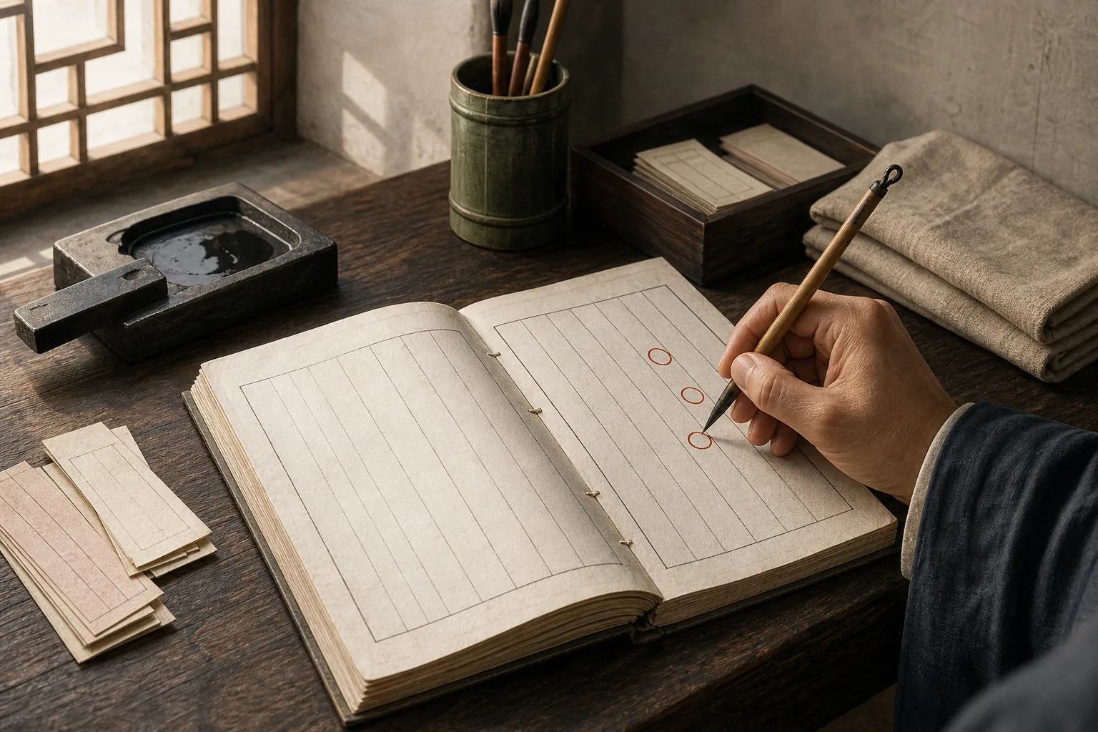 明代书桌上的日课簿、朱圈与正在记录的手