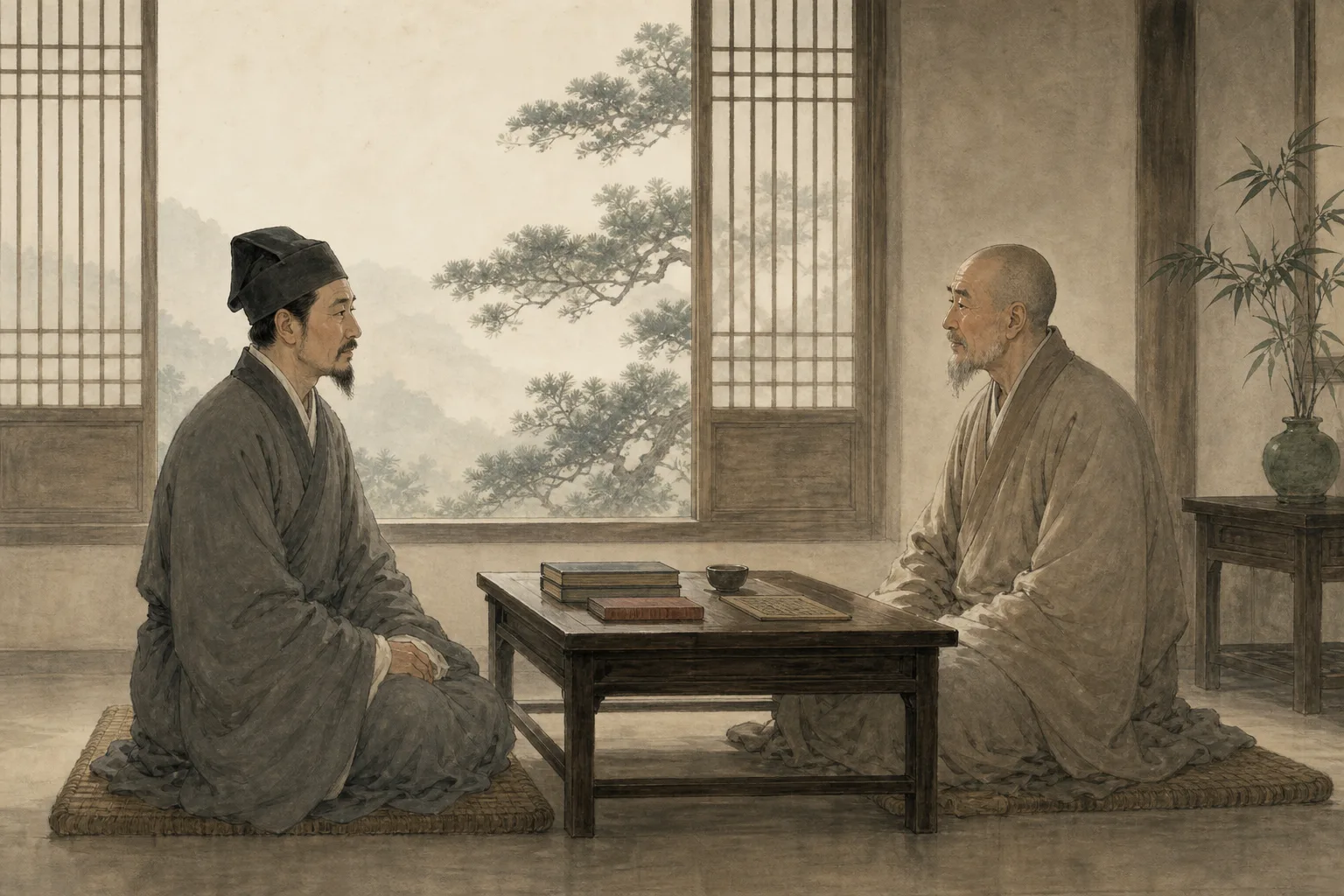 袁了凡与云谷禅师在栖霞山寺院中相对而谈