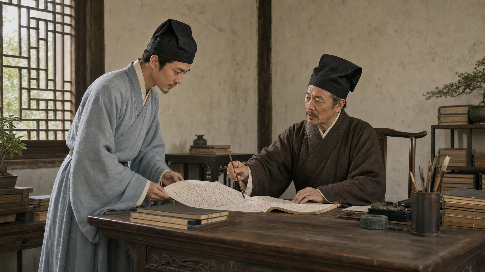 明代书斋中,钱明吾批改文章,赵裕峰平静听取意见