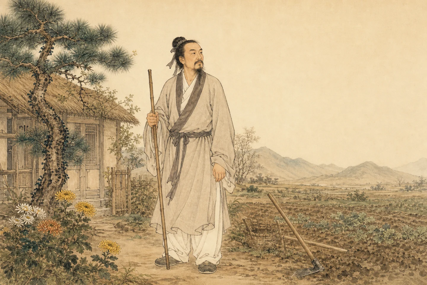 东晋朴素士人陶渊明立在松菊与农具之间，身后是简陋乡居和远山