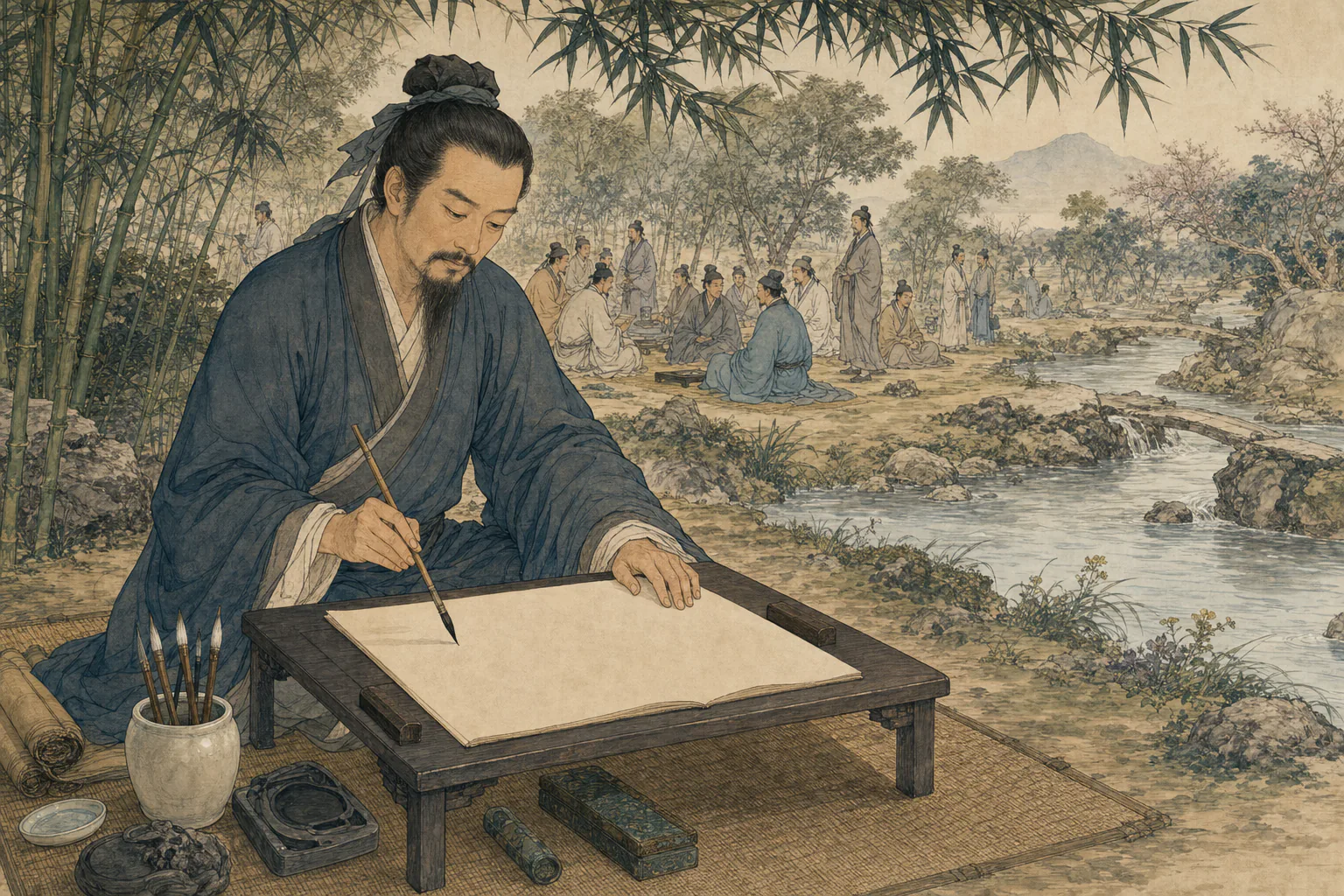 王羲之在兰亭雅集旁展卷书写，身后可见曲水与文士