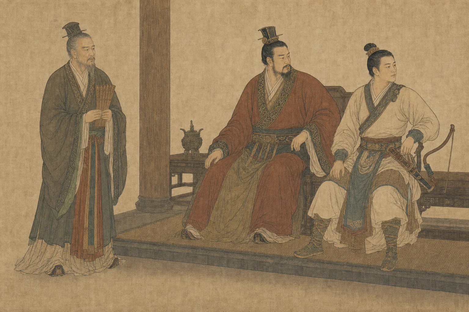 人物意象画中,石碏在左侧持简进谏,卫庄公在中央偏向右侧佩弓的州吁