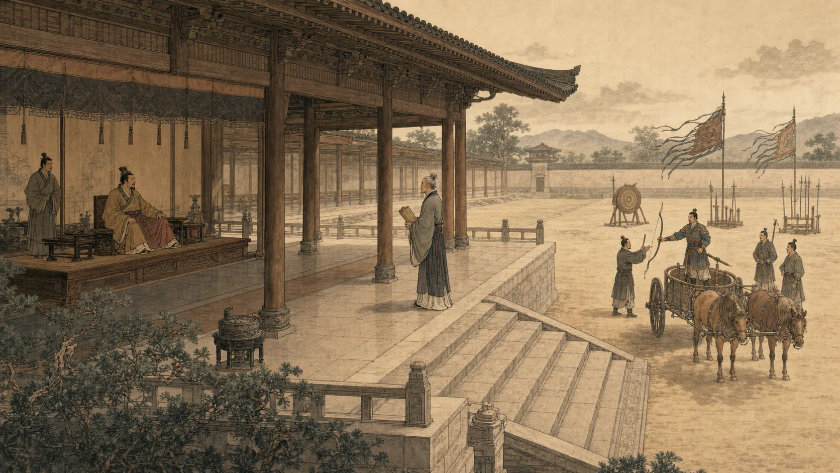 高位斜视的横向场景画中,卫庄公坐于左侧殿内,石碏持简立于中央门槛,右侧练兵庭院里的州吁站在兵车旁