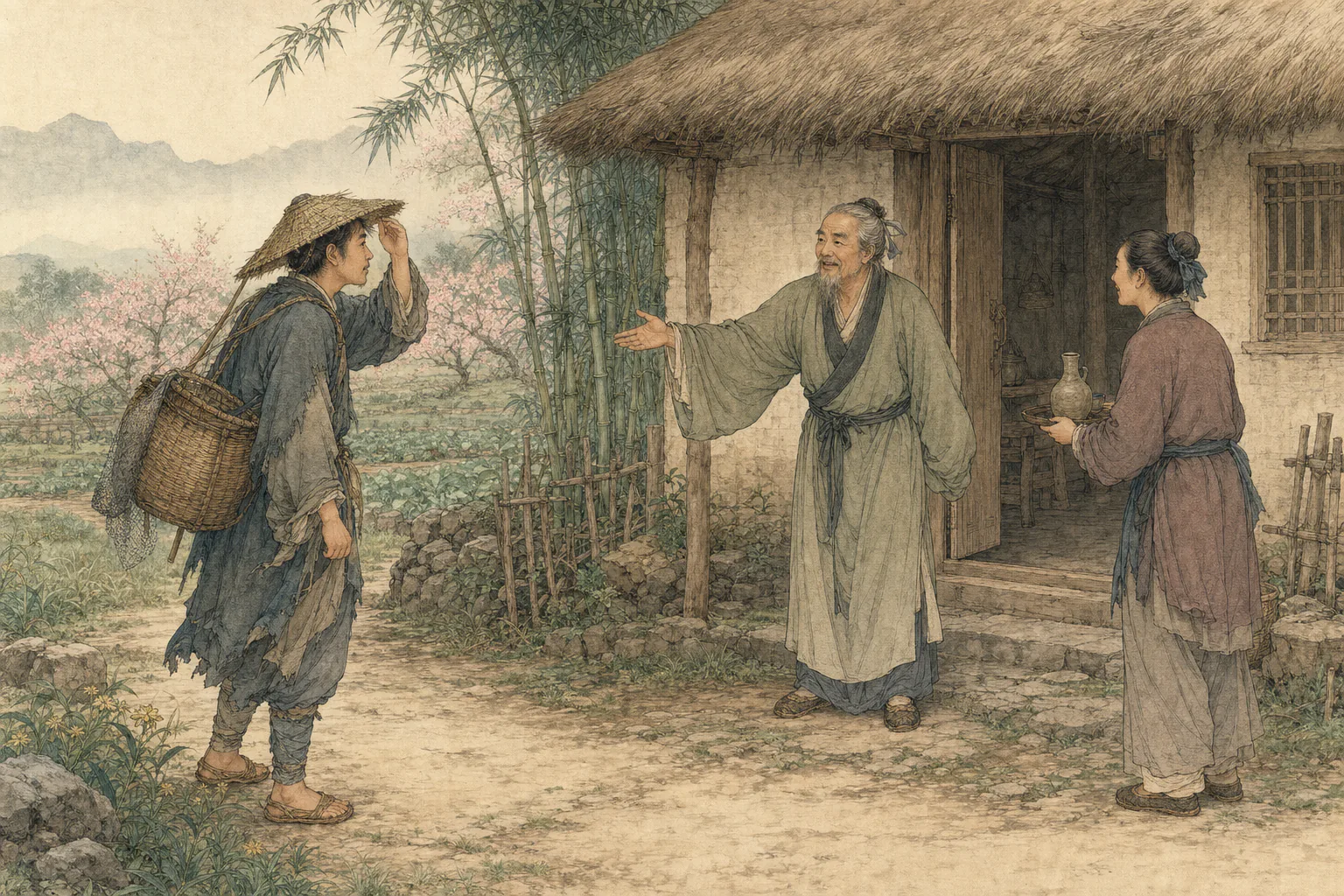 桃源老者在乡居门前邀请带着斗笠和鱼篓的渔人入内，旁有村民迎候