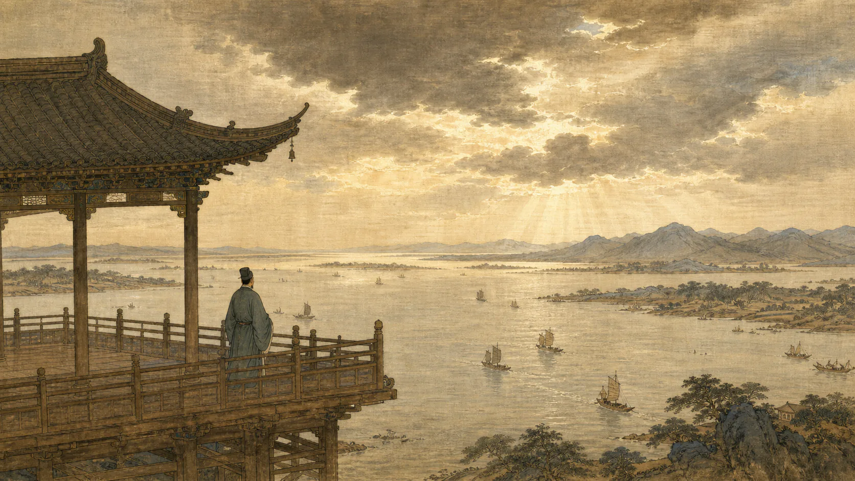 北宋文士登楼远眺洞庭湖,湖上舟帆穿行,远山与长江水势相接