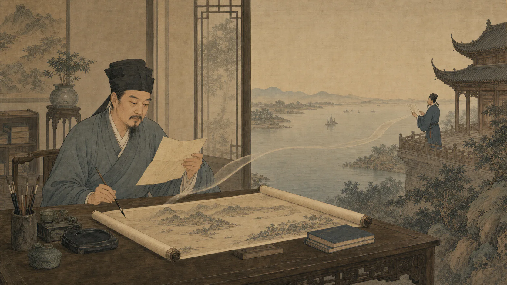 范仲淹在邓州读滕子京来信并展卷构思,远处以洞庭湖与岳阳楼意象连接两位友人