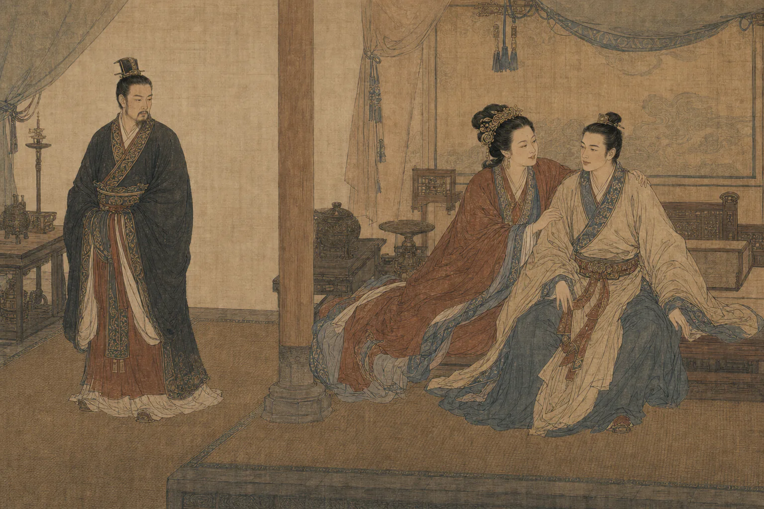人物意象画中，郑庄公独立于左侧，武姜在右侧亲近共叔段
