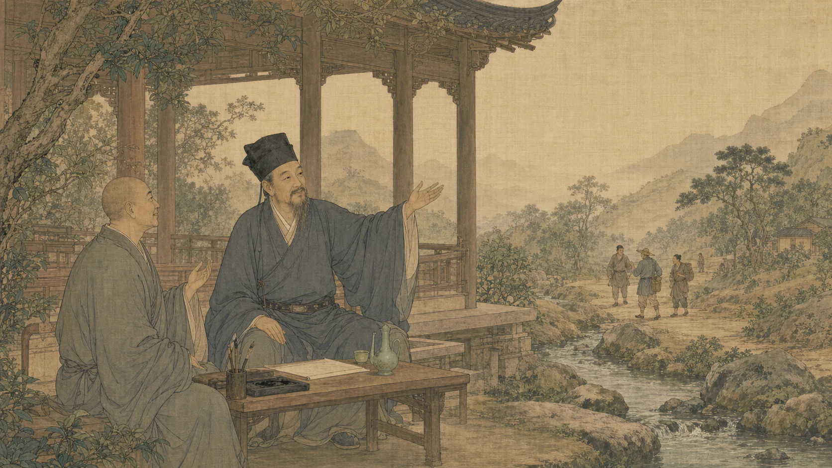 欧阳修与山僧智仙在醉翁亭旁交谈,远处百姓沿山路往来