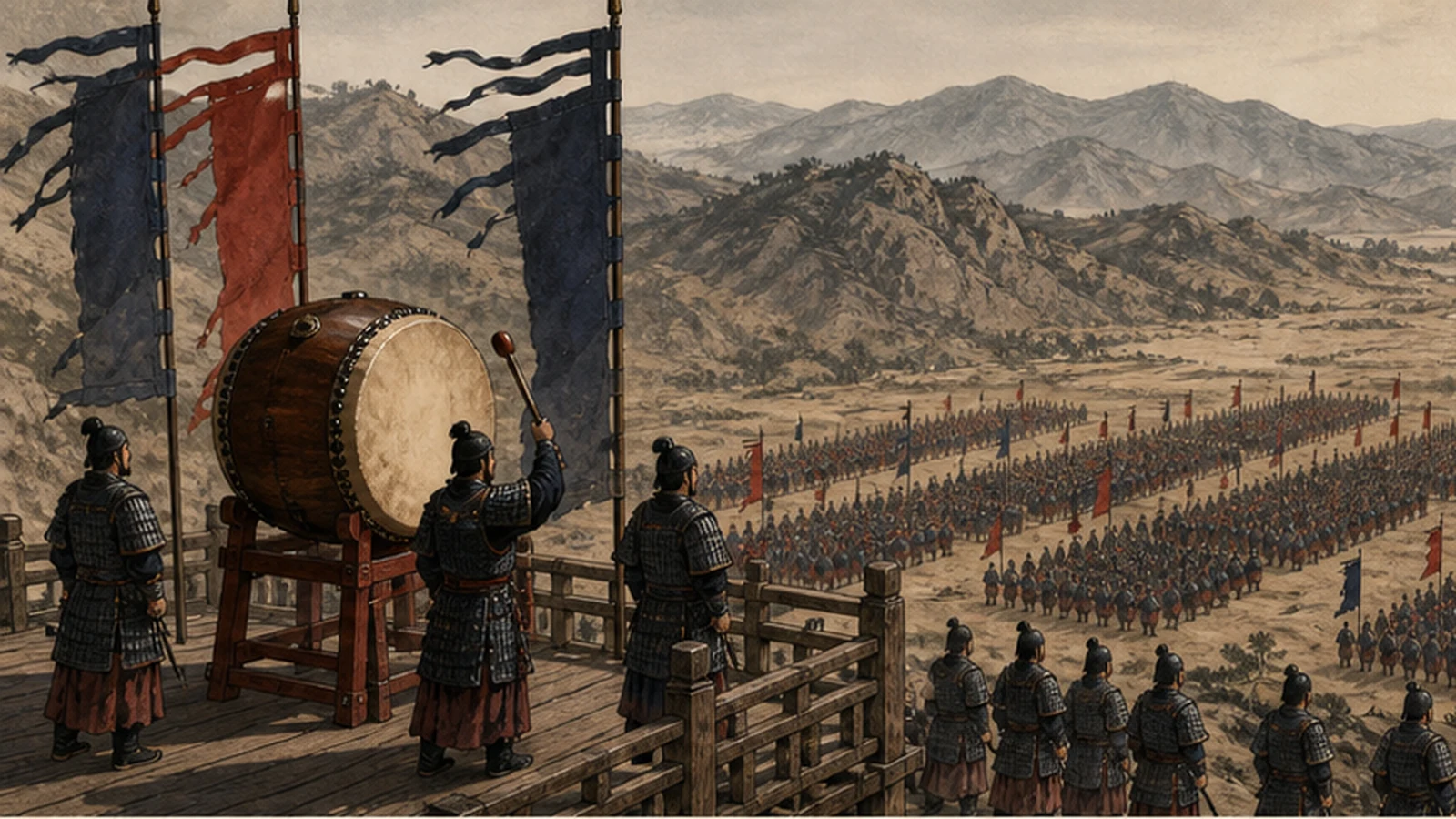 古代军阵依旗鼓号令在山谷地形中整齐列阵