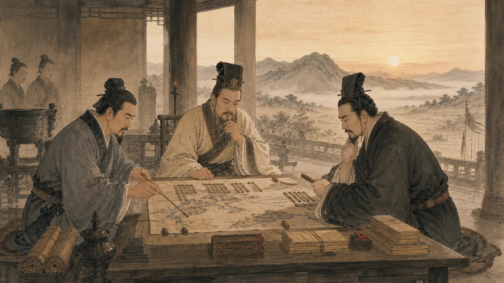 古代庙堂中三位决策者围绕地形图、算筹与简牍进行战前筹划
