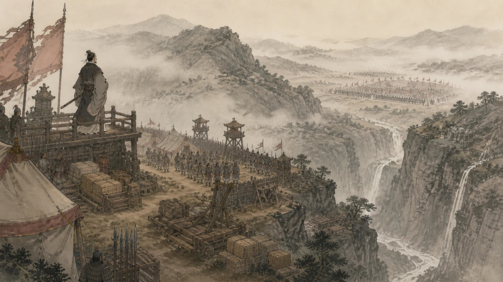 古代高地营垒中的将领巡视储备与阵地,远处敌军隔着山谷