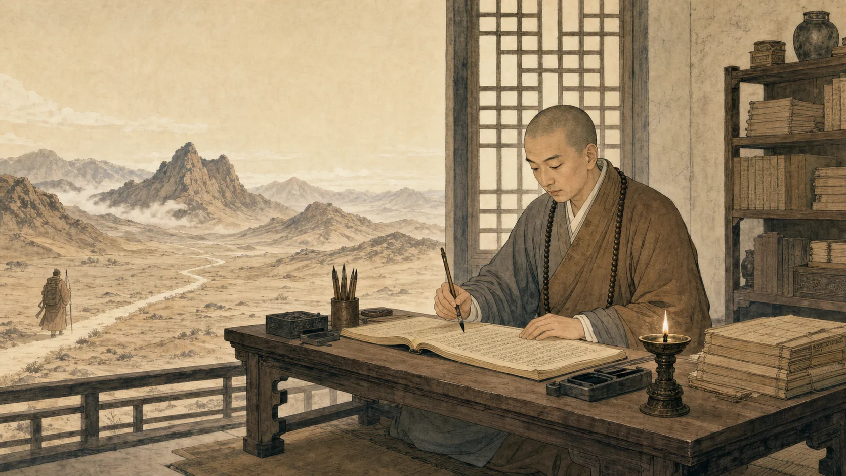 玄奘在译经案前书写，远处山路上一位行者正在西行