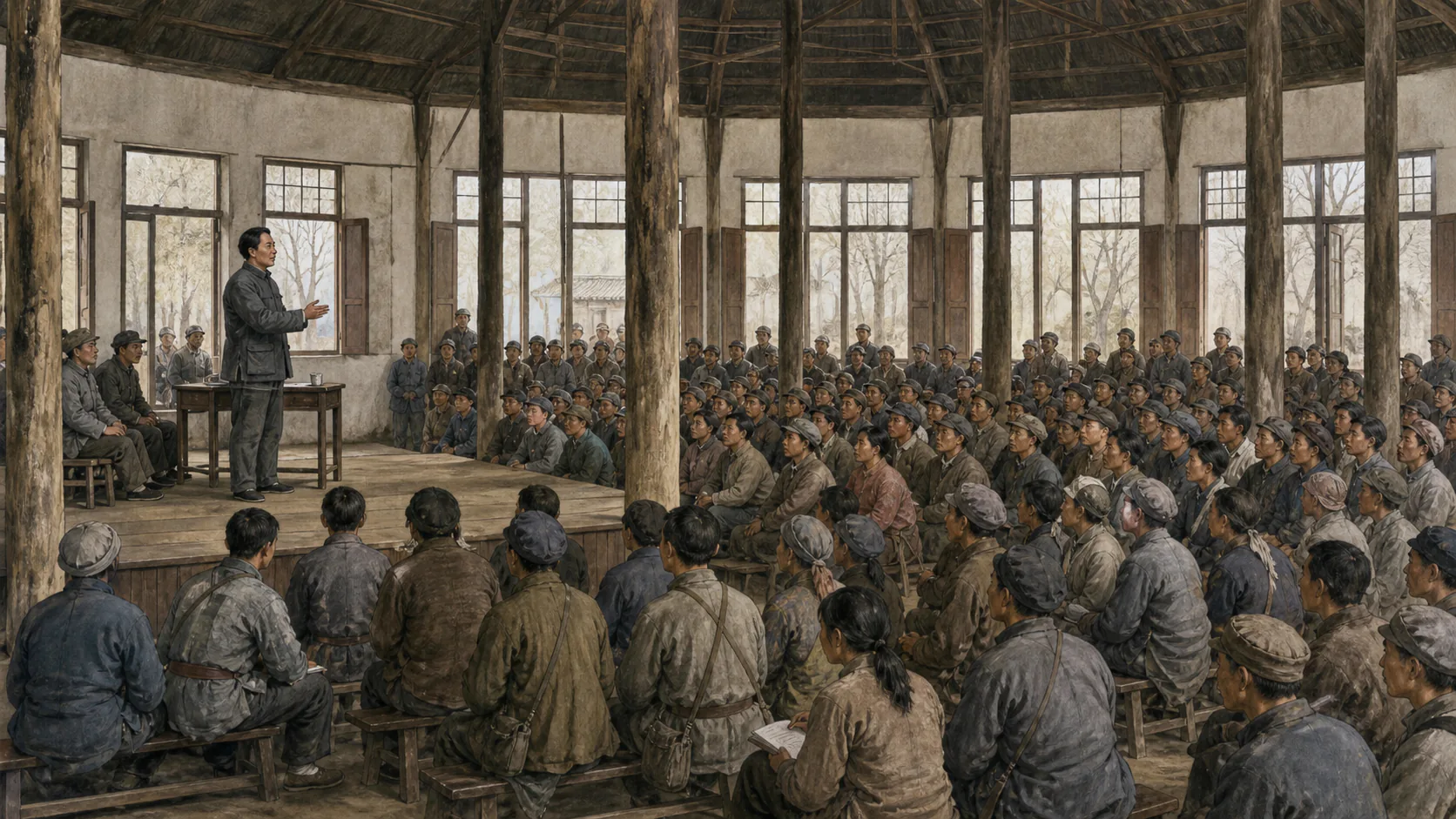 1934年瑞金沙洲坝二苏大礼堂内,毛泽东向工农兵代表作大会结论的历史场景学习画