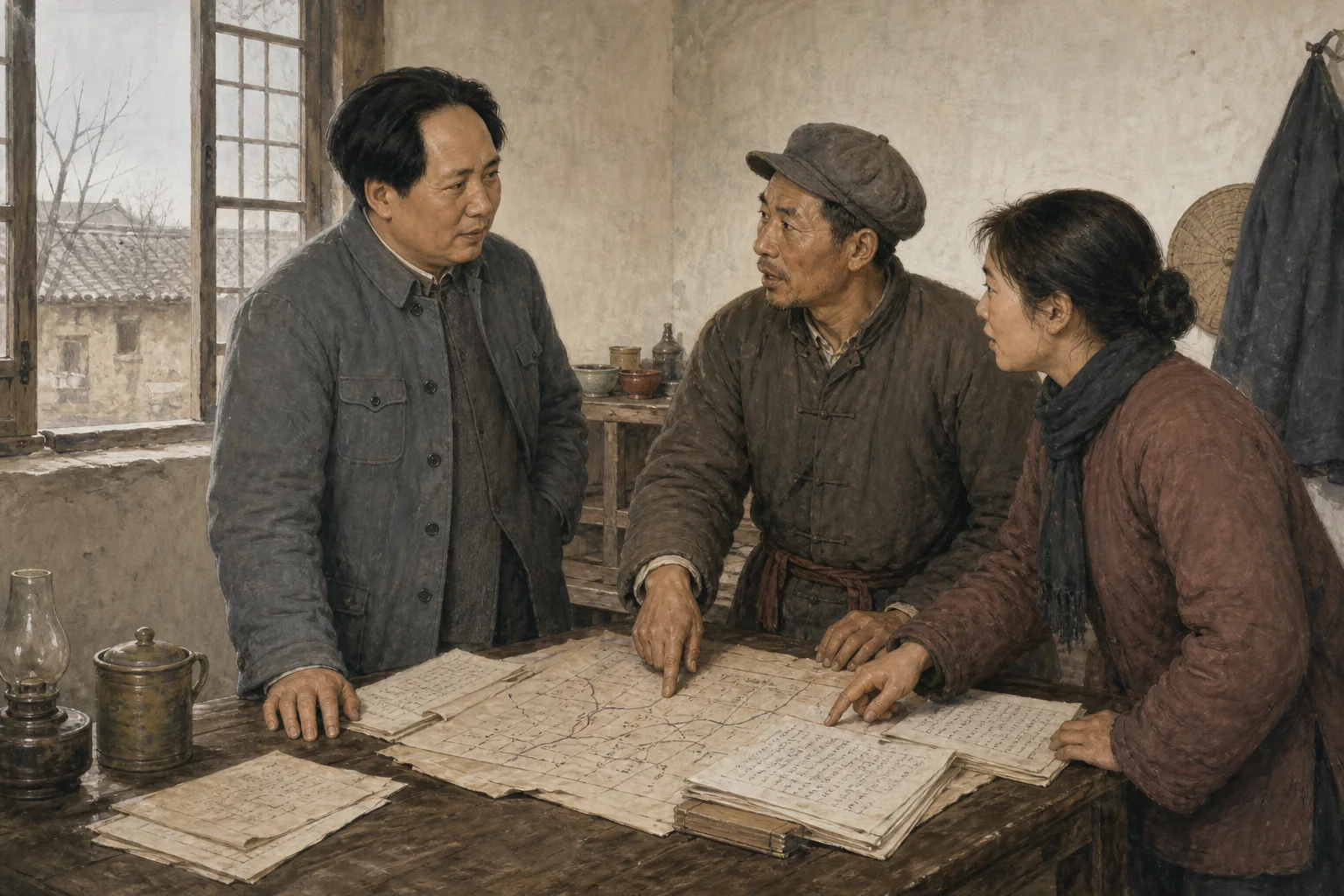 毛泽东与两位基层代表围绕地图和记录讨论实际问题的学习意象图