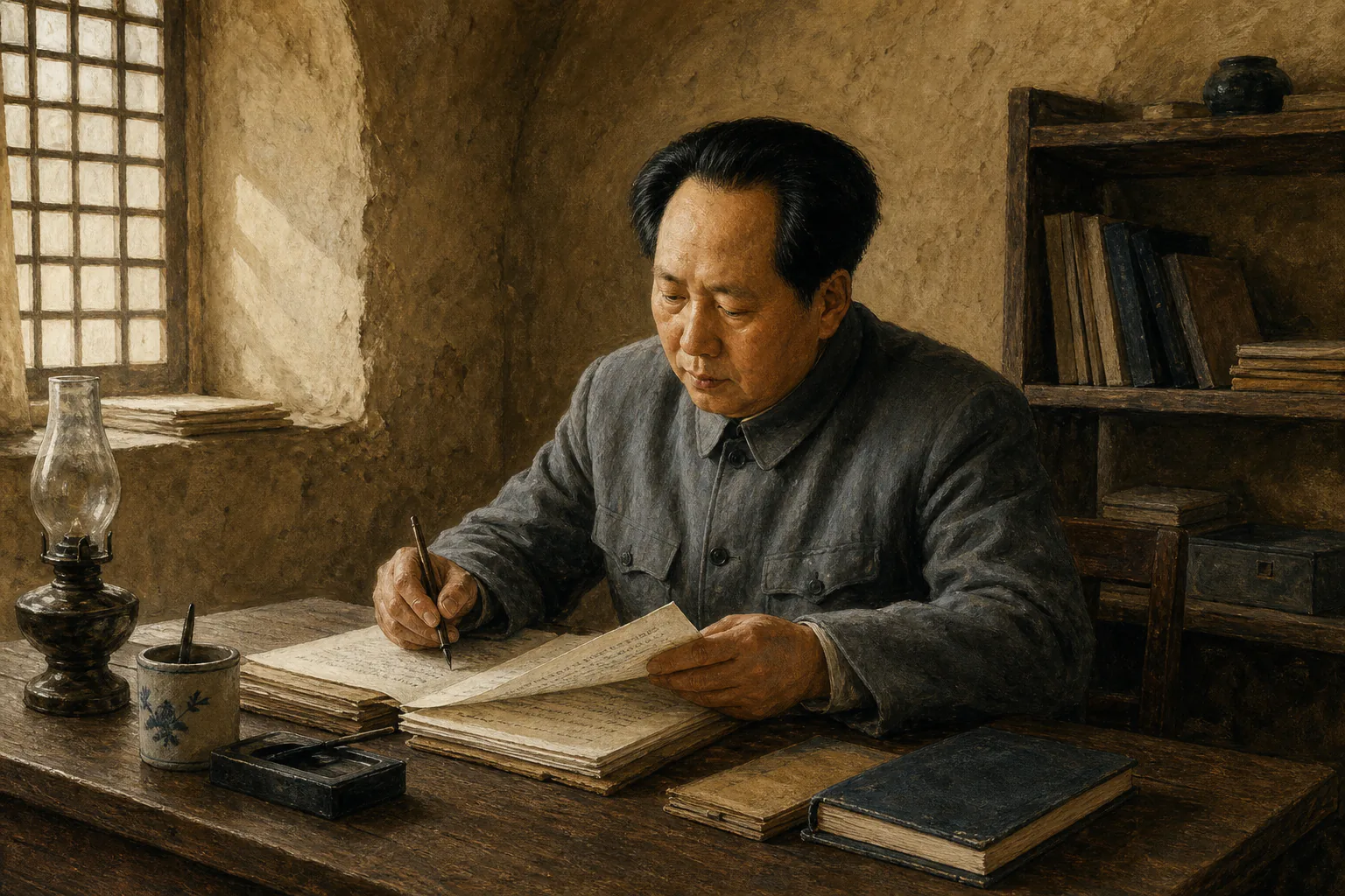 毛泽东在延安窑洞书桌前整理讲稿的学习意象图
