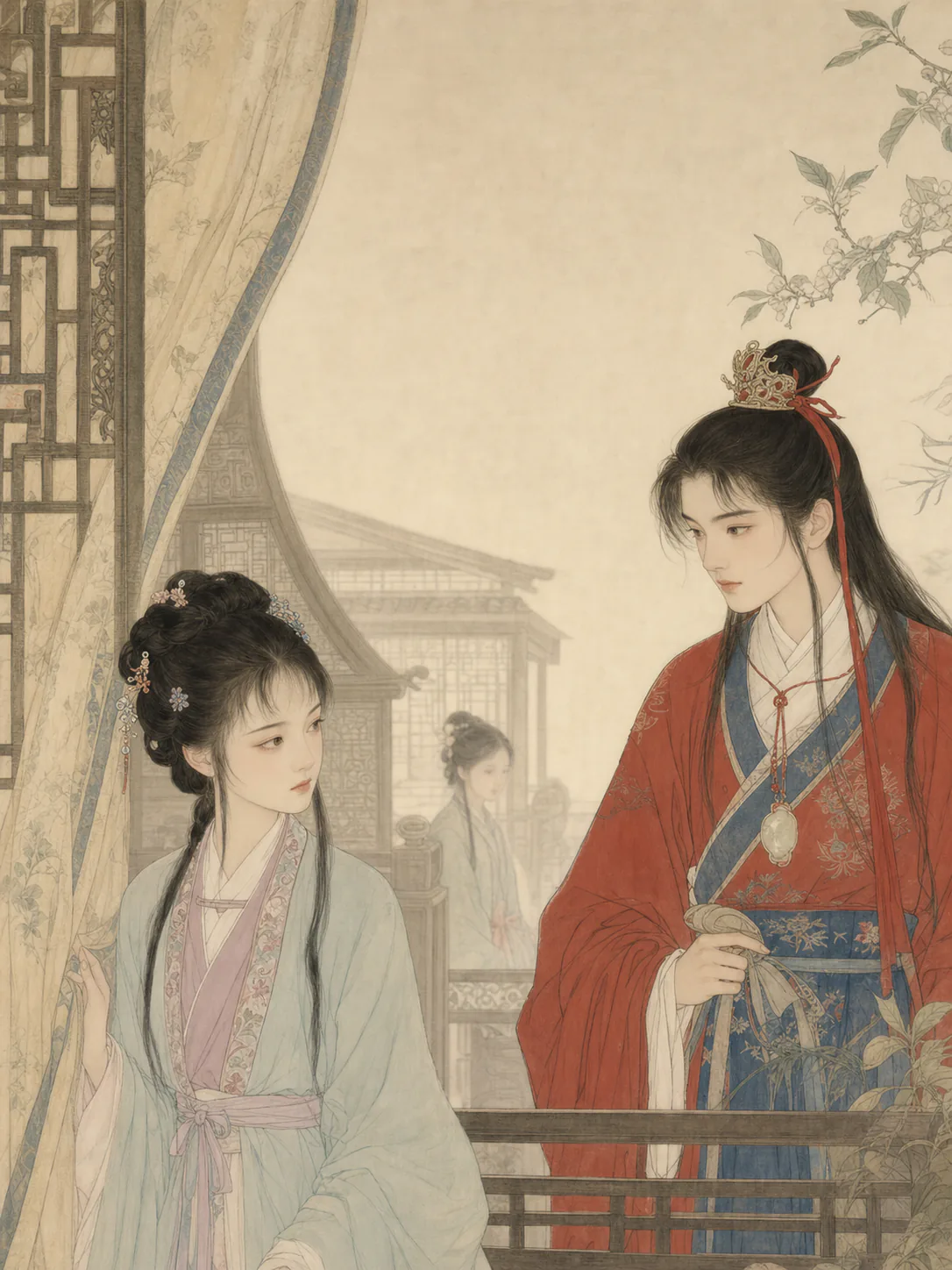 林黛玉与贾宝玉在荣国府初次相见,隔着帘幕彼此回望