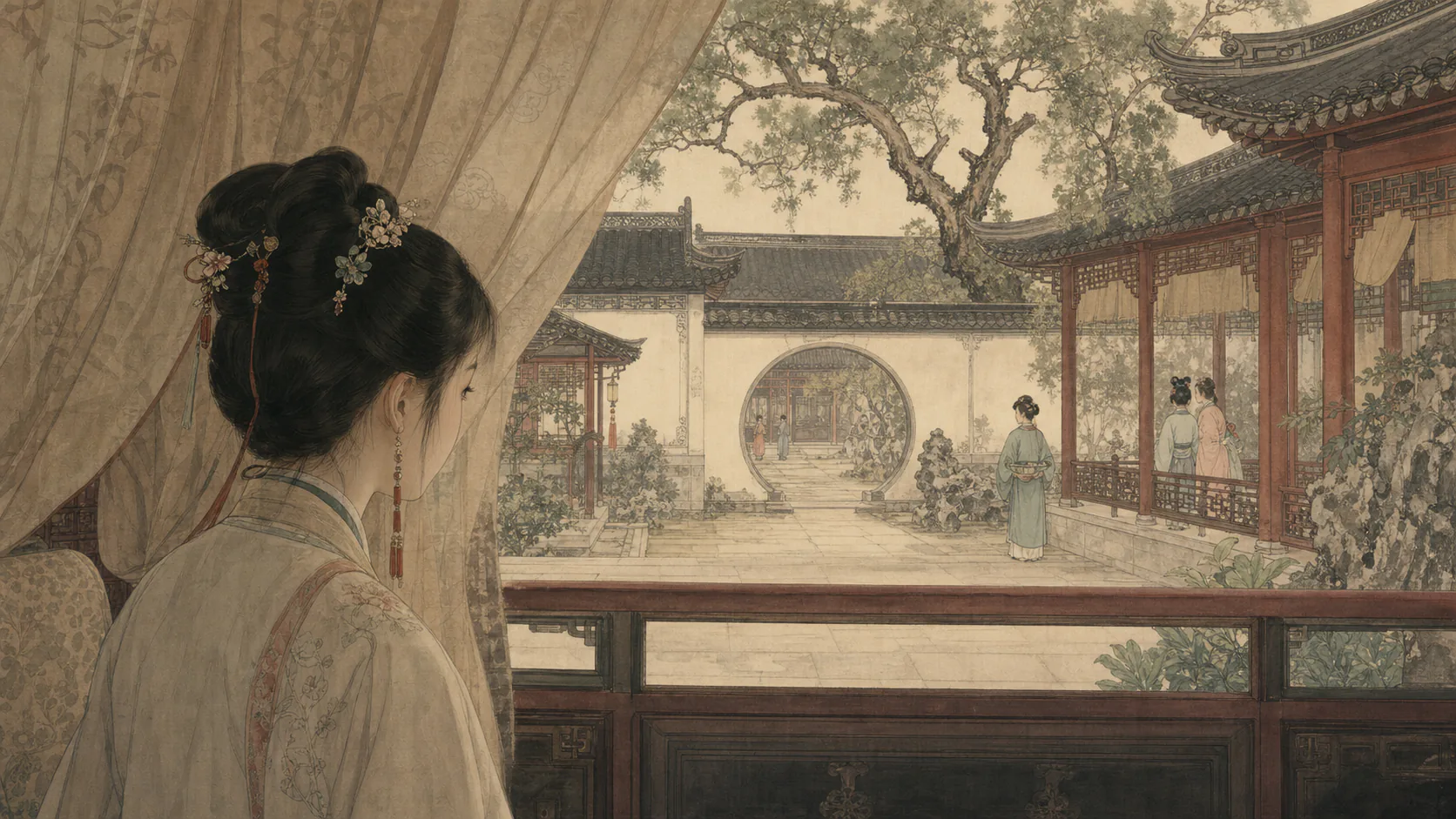 林黛玉从帘后望向荣国府层层院落与往来侍从