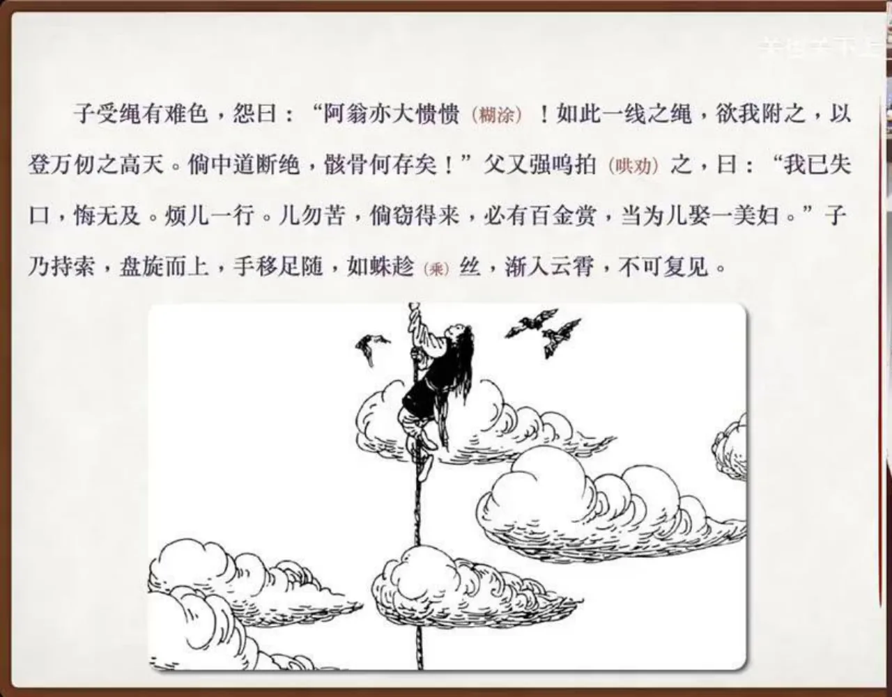 关也《偷桃》课件第21页：少年持索盘旋而上