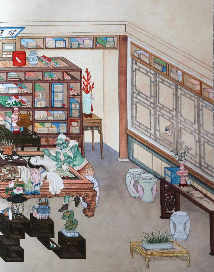 原课所附《画皮》插图：王生隔窗看见狞鬼描画人皮