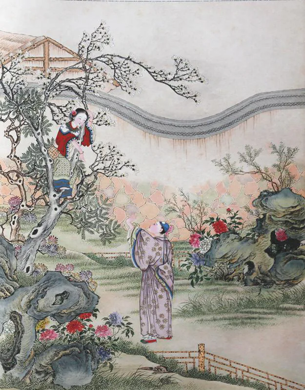 原课所附《婴宁》插图：木香架下相望