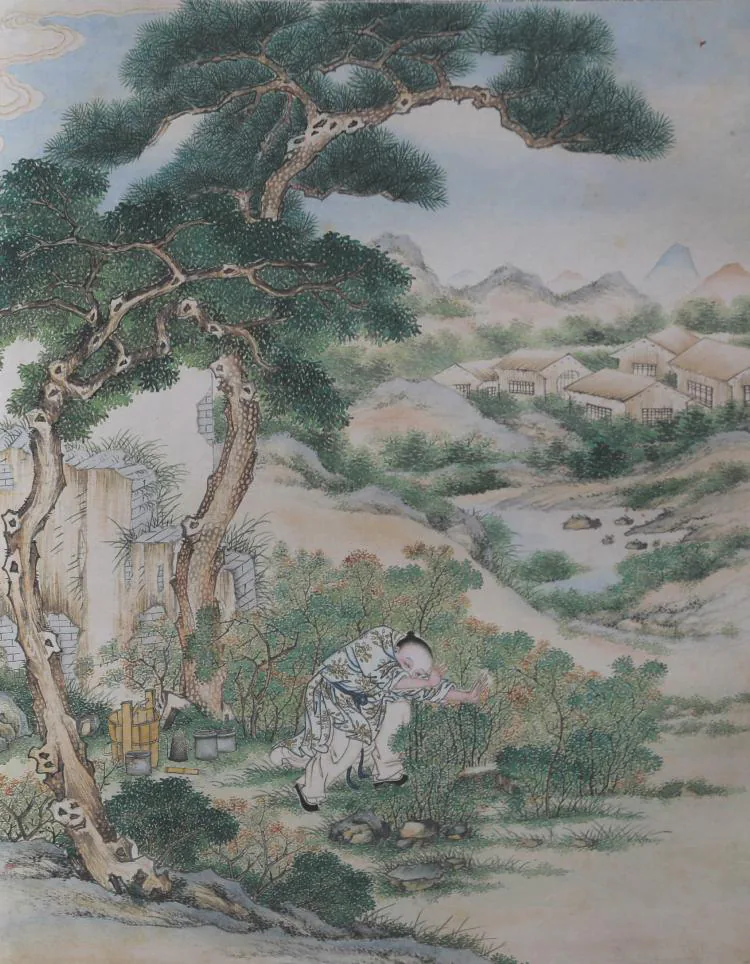 原课所附《促织》插图：成名按图寻虫