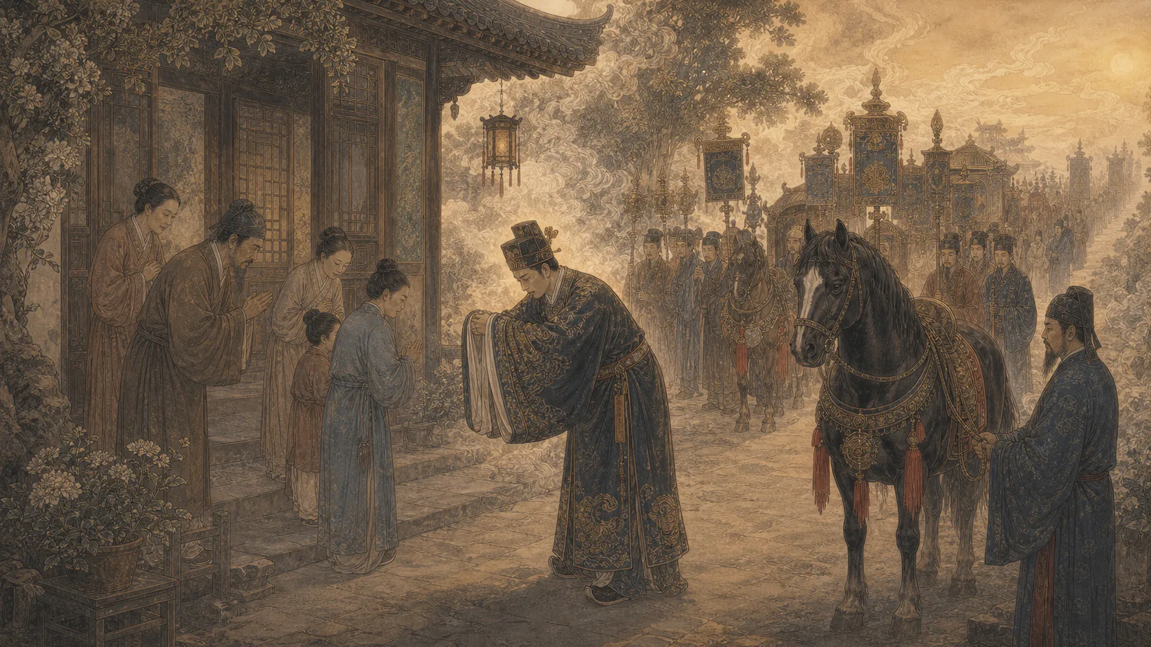 成为城隍神的宋焘以华美黑马和众多舆马仪仗进入岳家堂前一拜告别