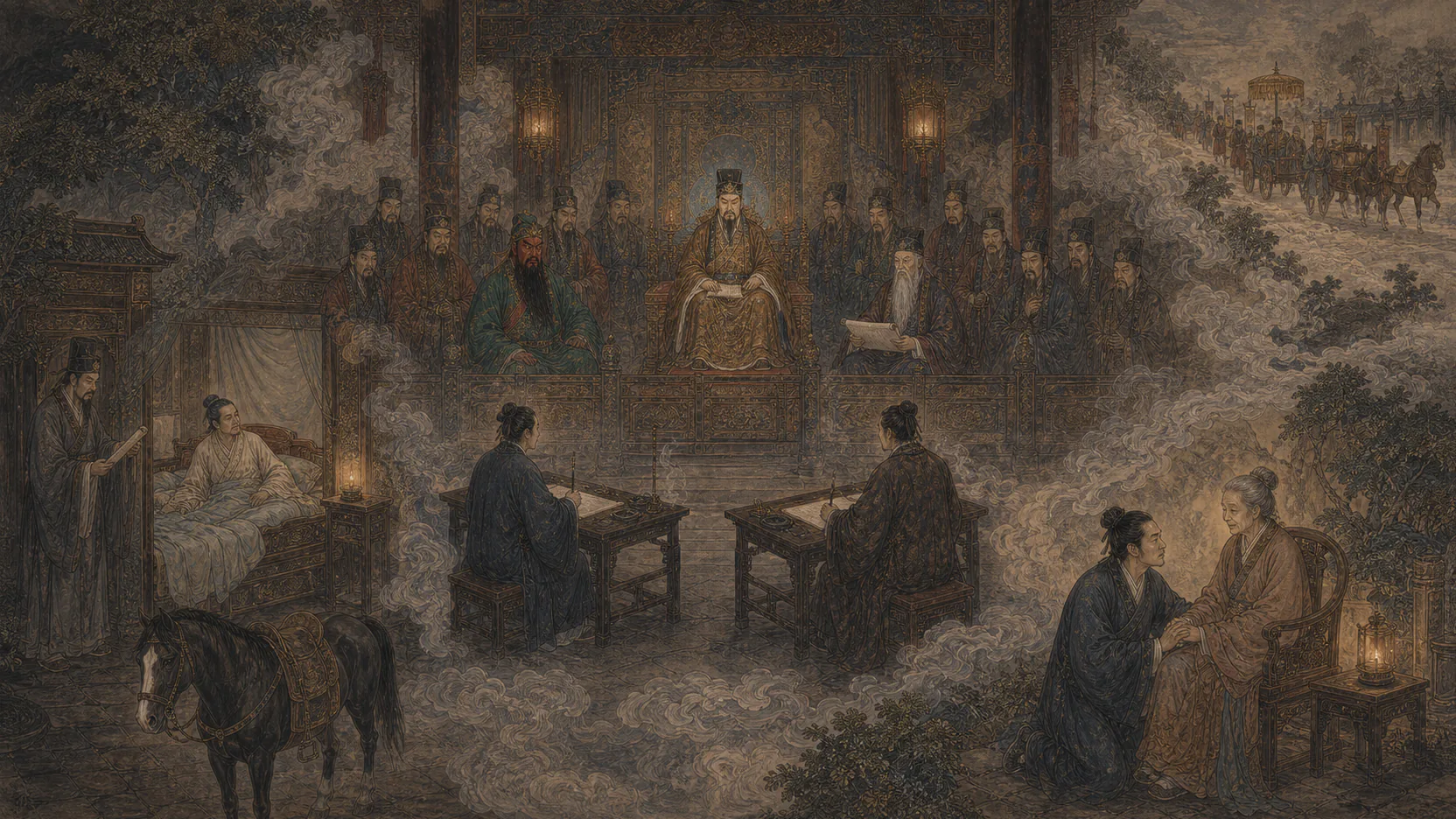 《考城隍》16:9连续叙事图:病中被召、阴司考试、奉母请假、九年履任