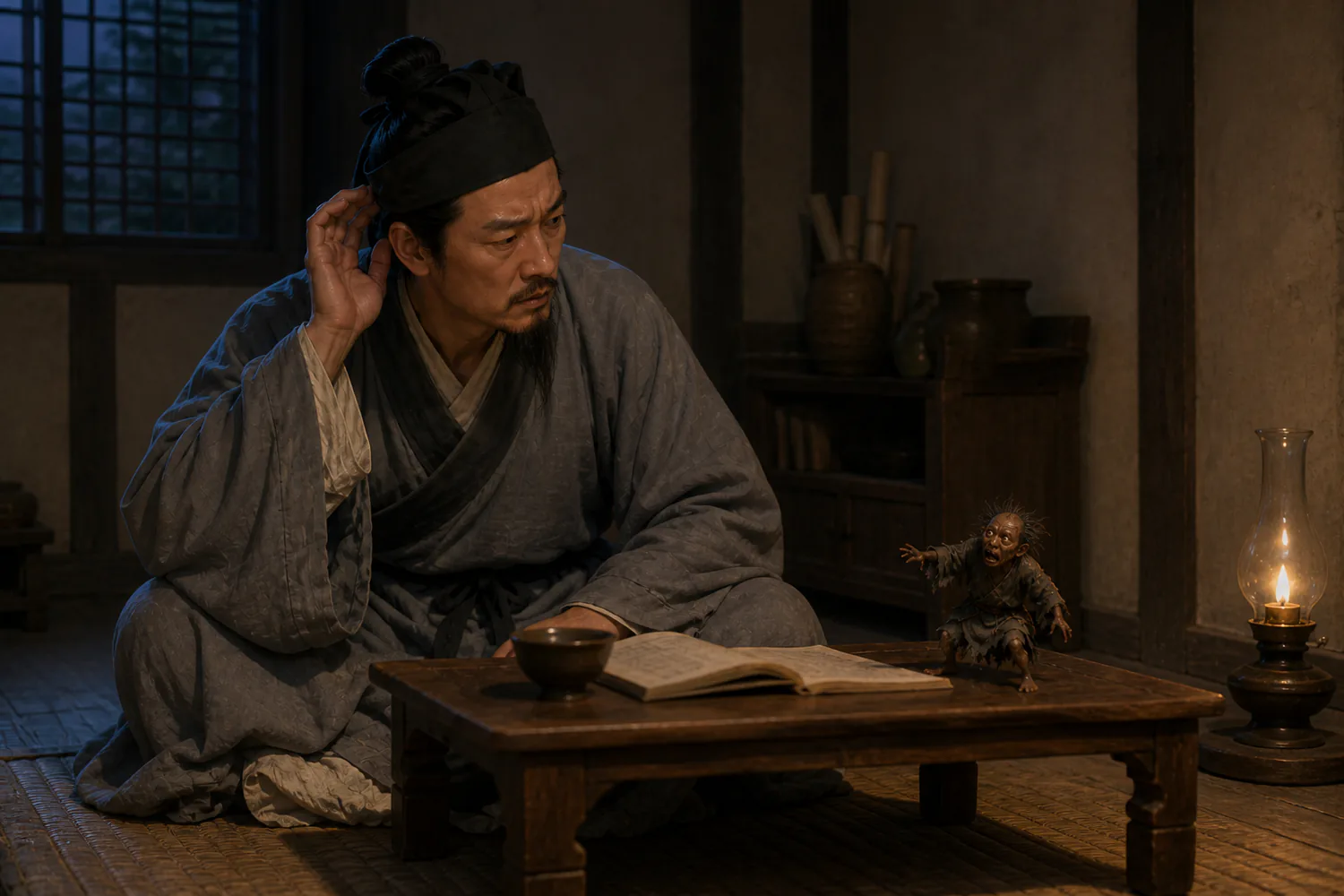 谭晋玄侧耳凝神，矮几上的三寸小人与茶盏、书册形成尺度对照