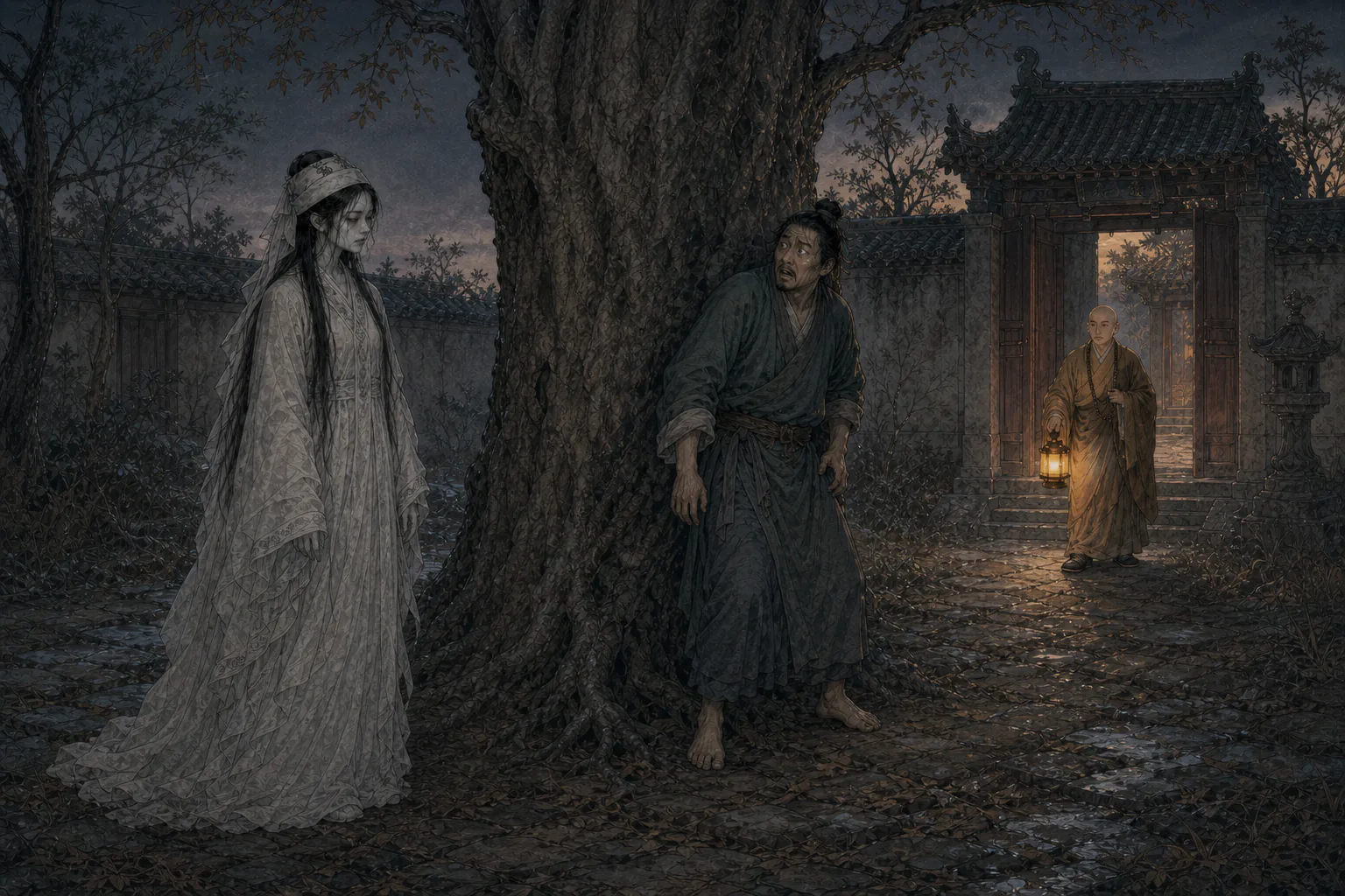 《尸变》人物图：幸存客商躲在白杨一侧，女尸隔树探臂，寺僧持灯在门内观察