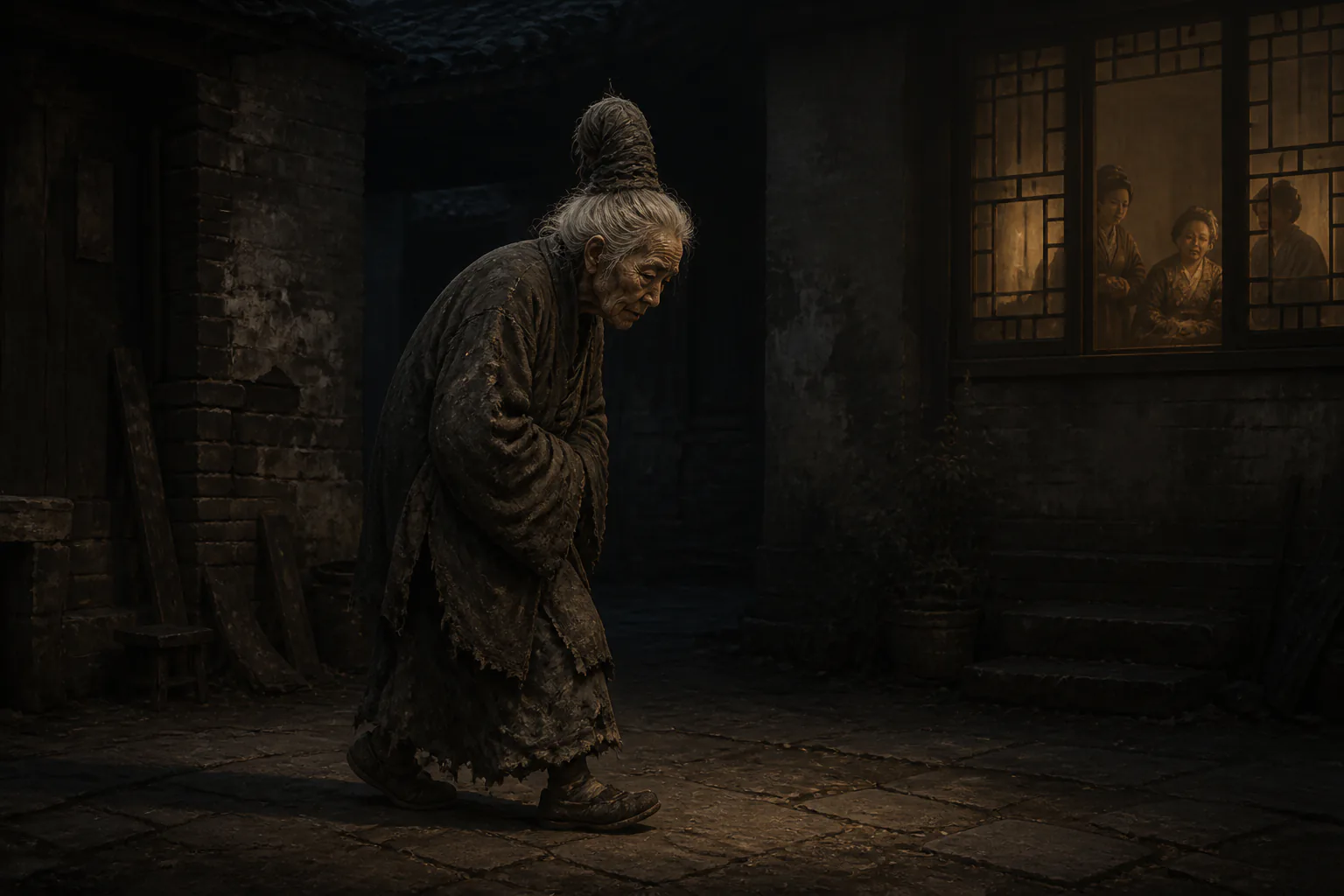 《喷水》人物图：荒宅院中，矮小驼背、白发长髻的老妪环走，太夫人与两名成年丫鬟隔着纸窗观察