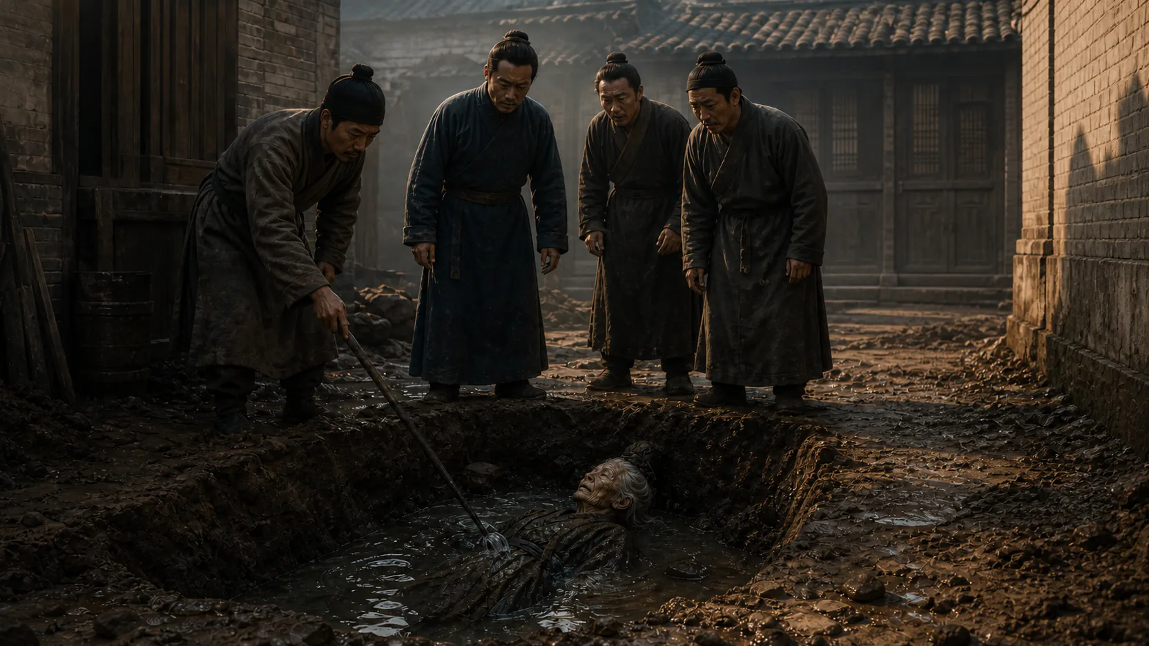晨光中的荒宅院落，家人从三尺深土坑中掘出白发长髻女尸，破损衣下流出大量清水，宋玉叔惊痛注视