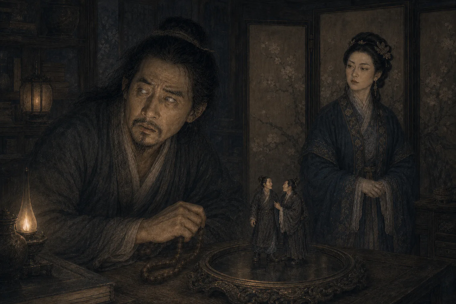 《瞳人语》人物图：失明后的方栋手持念珠，妻子在旁，两名豆粒大小的瞳人在铜镜上并肩站立