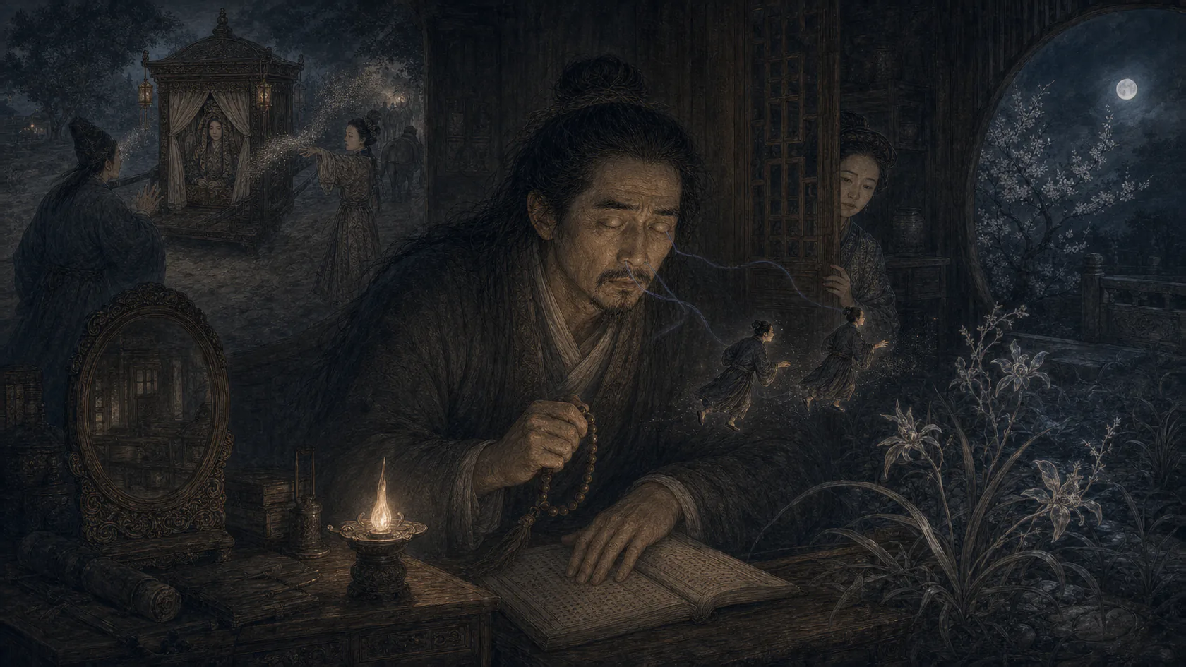 《瞳人语》16:9叙事图:前景方栋闭目持珠诵经,两名小瞳人经鼻出游,妻子暗中观察;远景回现婢女向尾随车驾的方栋扬土