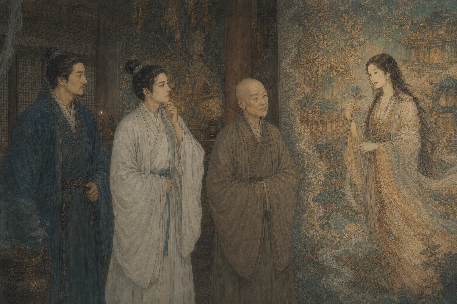 《画壁》人物图：朱孝廉与孟龙潭站在寺殿一侧，老僧在中间，壁画中的拈花女子全身着装、手持花枝，与现实人物分属两层空间