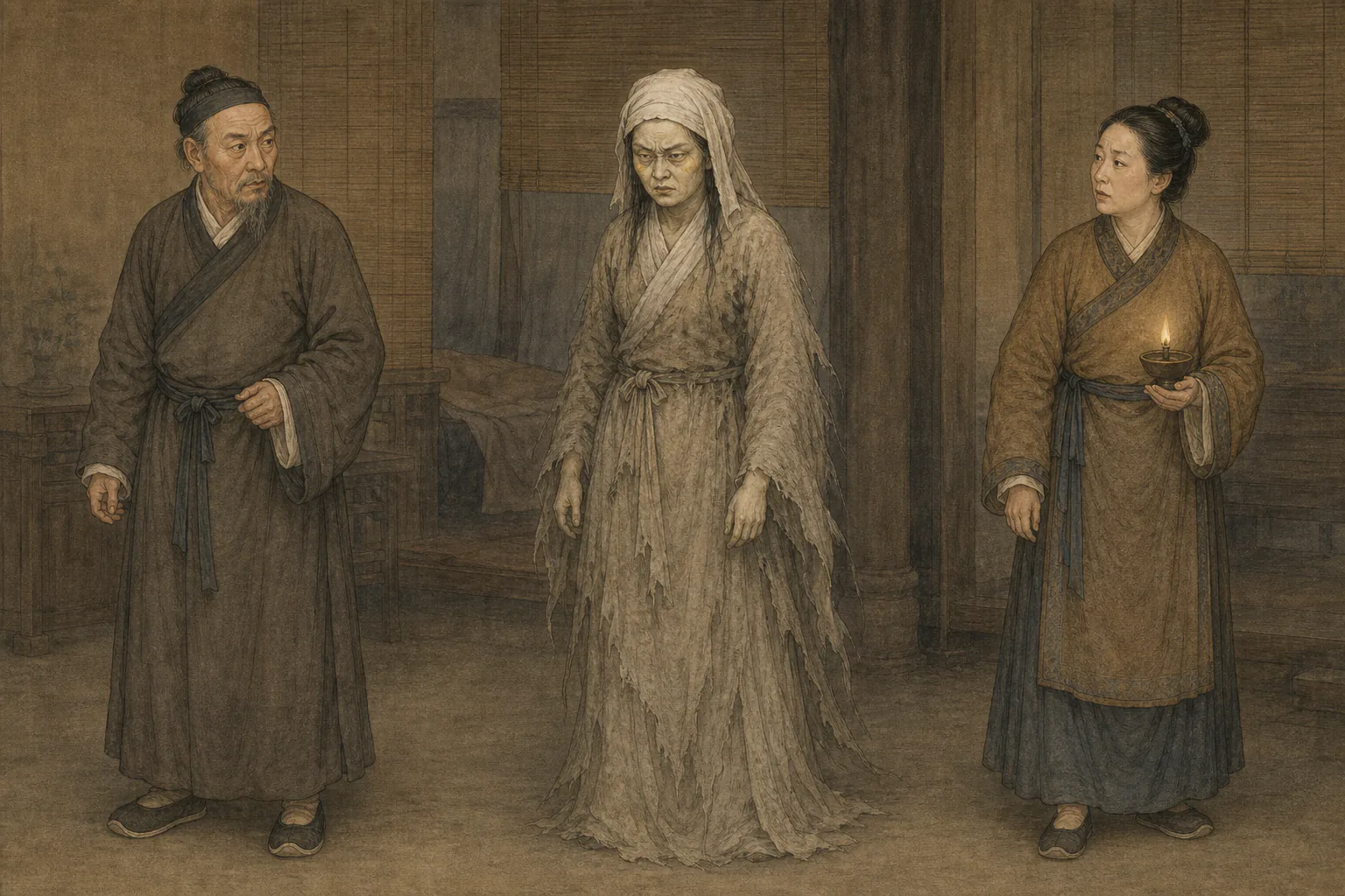 《咬鬼》人物图：清初某翁、白布裹首的三十余岁丧服鬼女与赶来查验的夫人分列相对