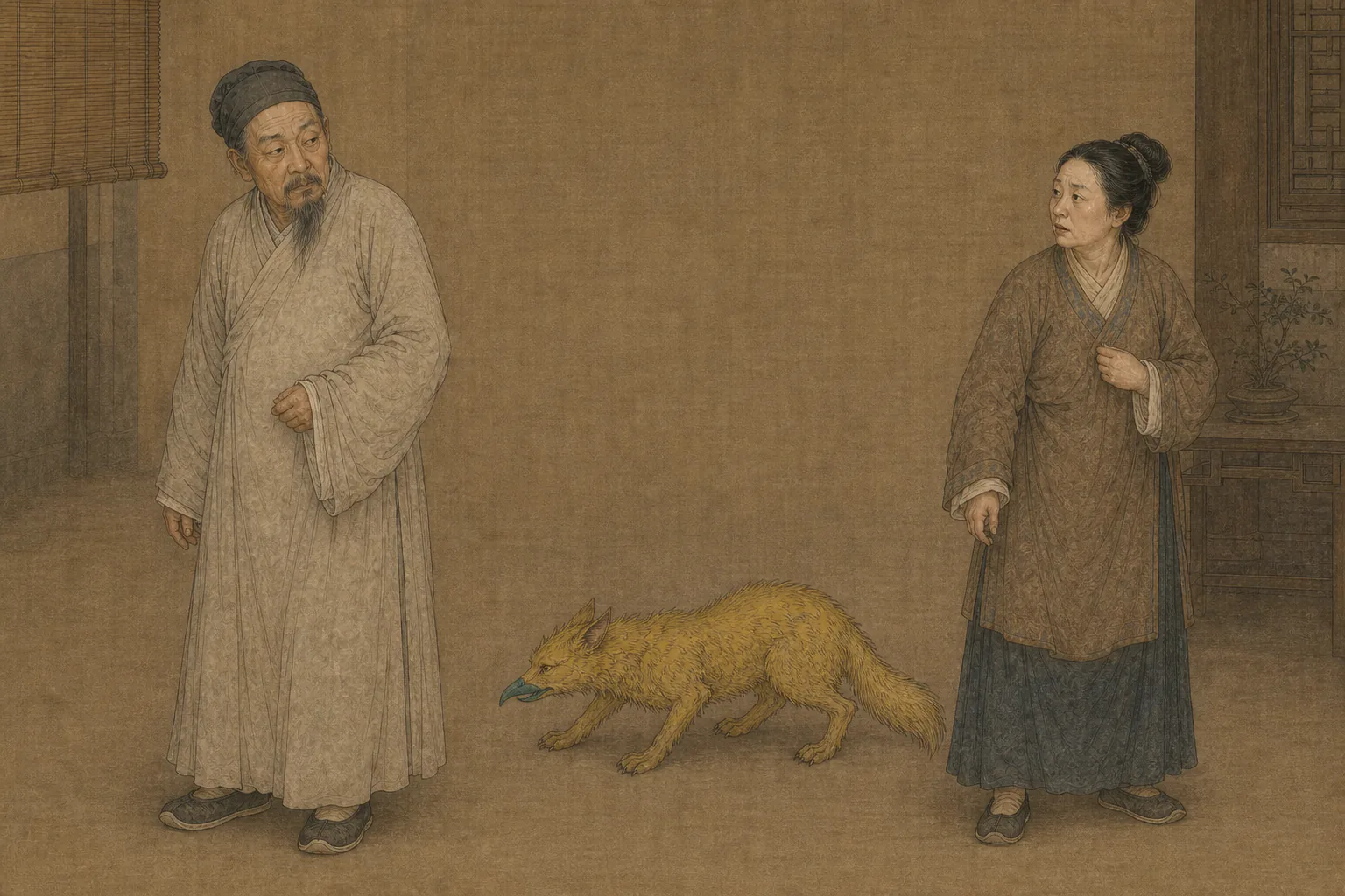 《捉狐》人物图：清代孙翁、猫大的黄毛碧嘴狐物与孙翁夫人分列相对