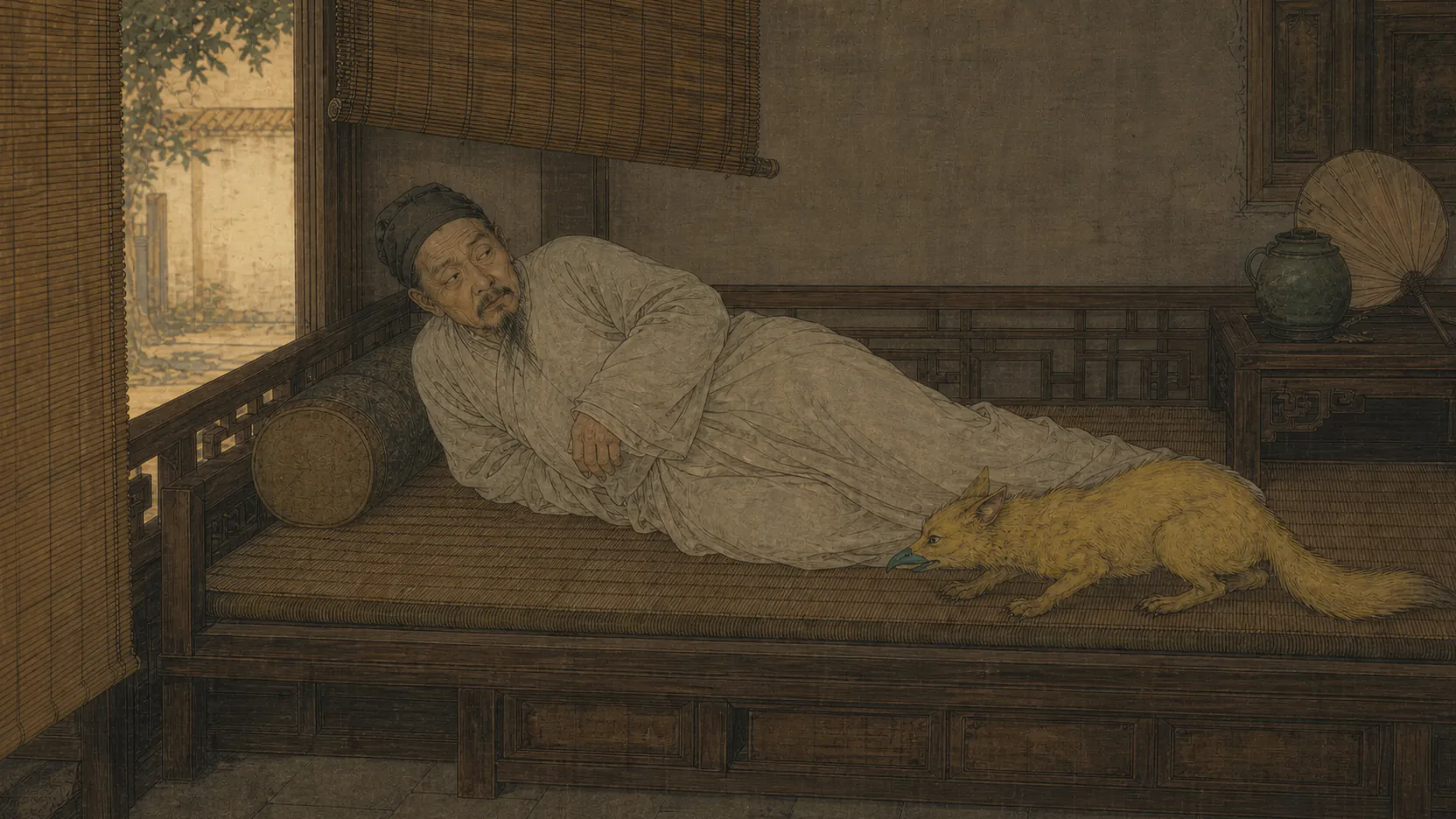 《捉狐》16:9主场景图：清代白昼卧室里，孙翁侧卧微窥，猫大的黄毛碧嘴狐物正从足边低伏爬来