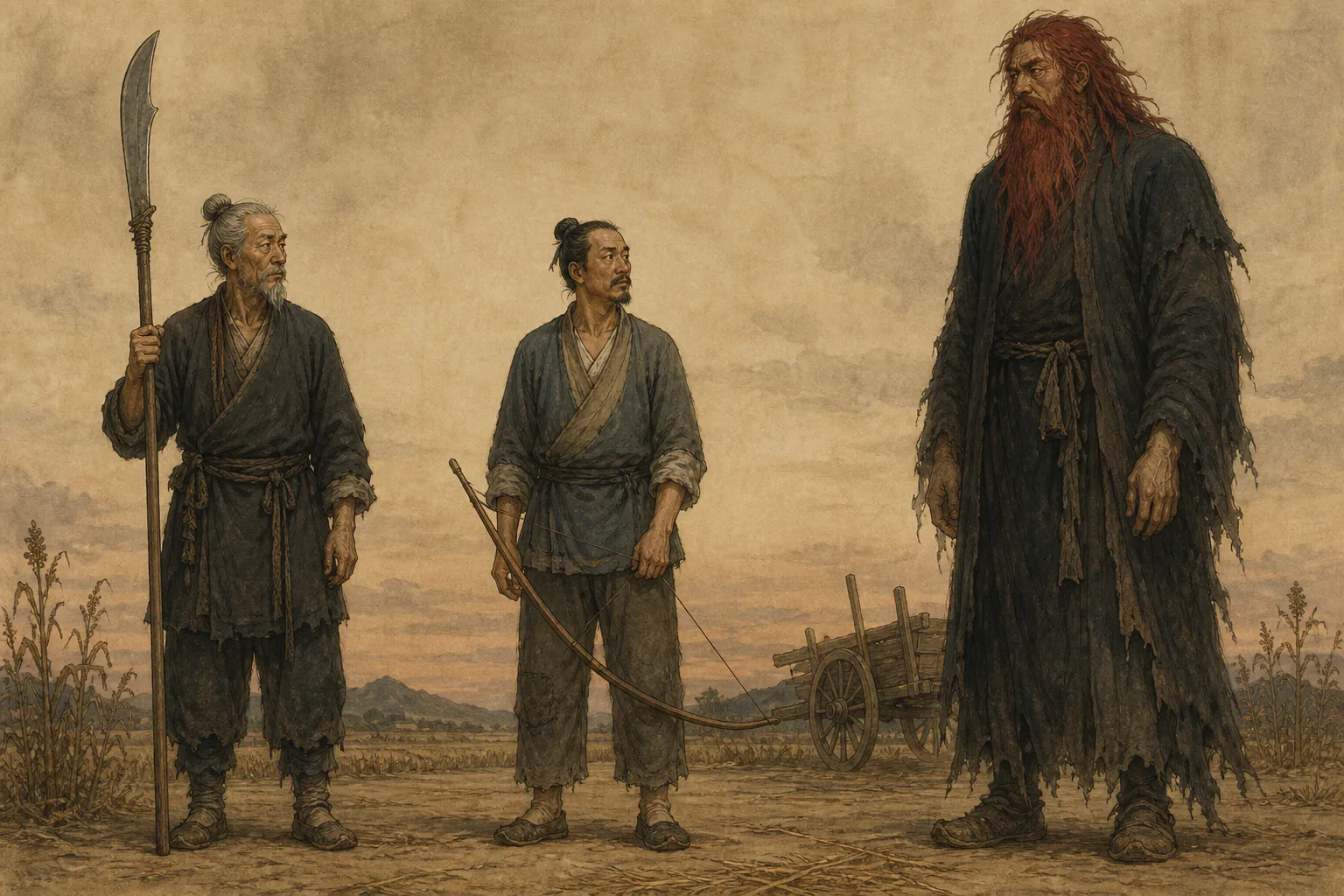 《荍中怪》人物图：持戈的安翁、持弓的佃人和赤发鬡须的高大怪物分列相对