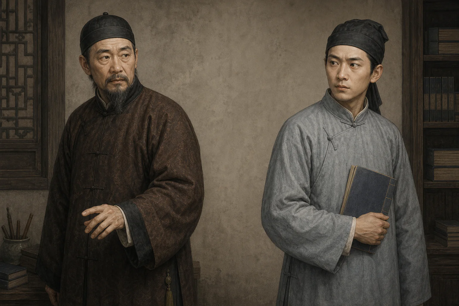 《宅妖》人物图：年长的李公与较年轻的塾师王俊升分列宅中，两人之间以墙面和灯影区分前后两件见闻