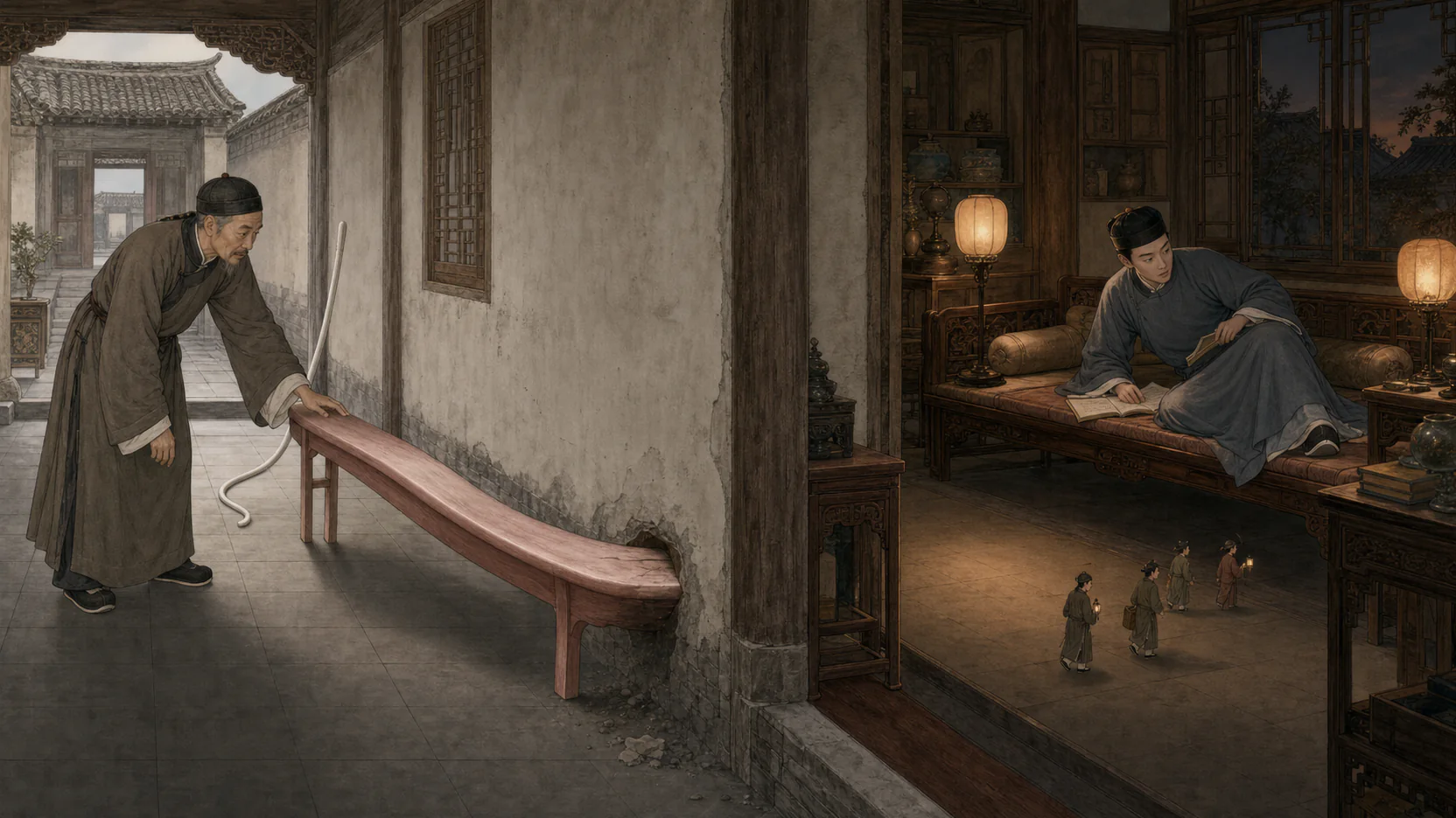 《宅妖》16:9全文主图:李宅长厅由白昼渐转暮色,左侧李公触摸肉红春凳与白梃入墙,右侧王俊升望见三寸小人布置四寸小棺的送丧场面