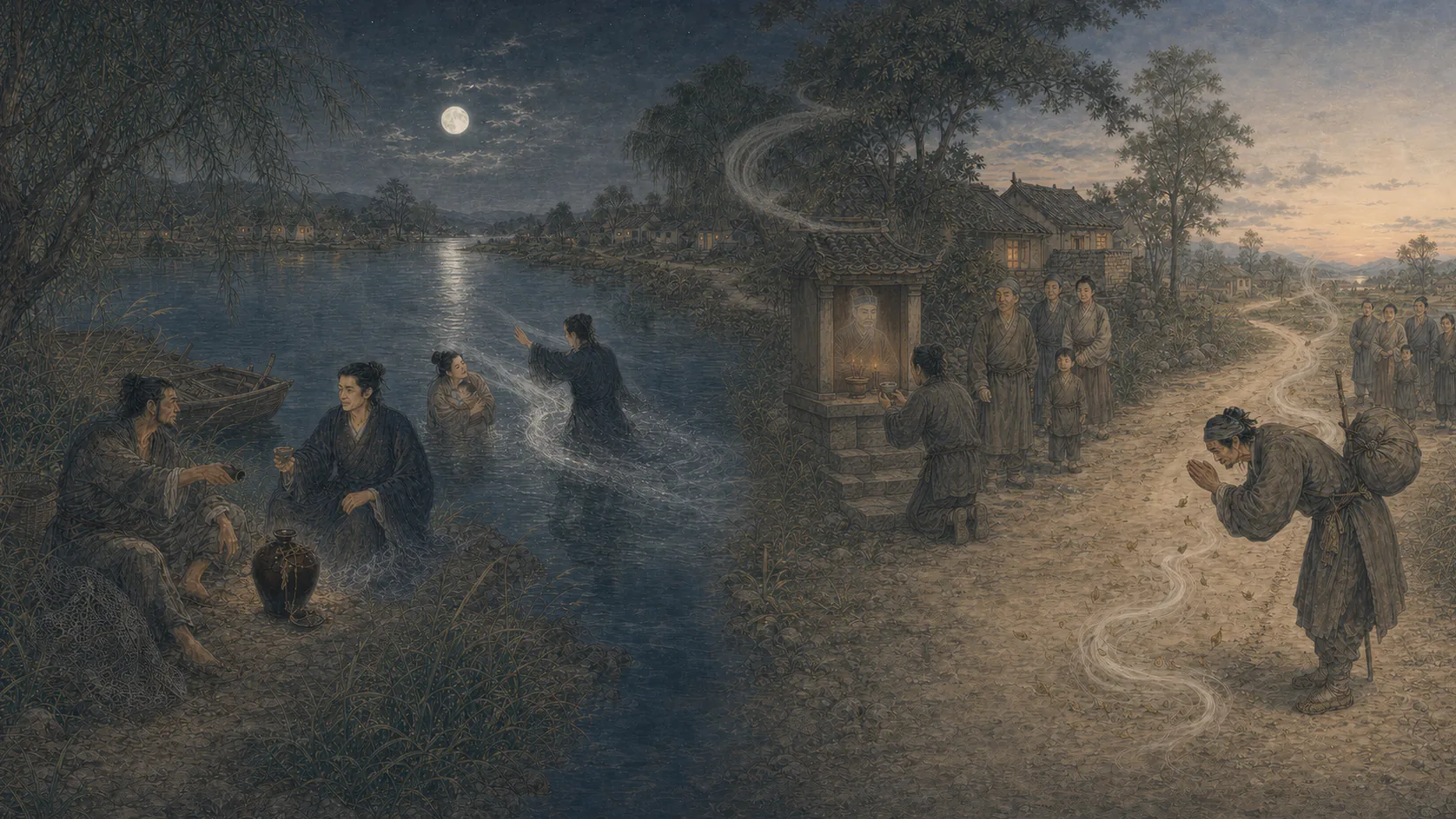 《王六郎》16:9连续叙事长卷：河岸对饮、舍弃抱婴妇人作替身、许某赴土地祠祭酒并以旋风拜别