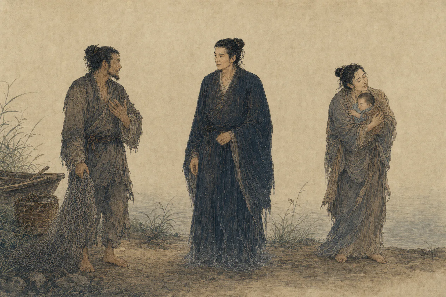 王六郎人物介绍图：左为渔人许某，中为王六郎，右为抱婴妇人