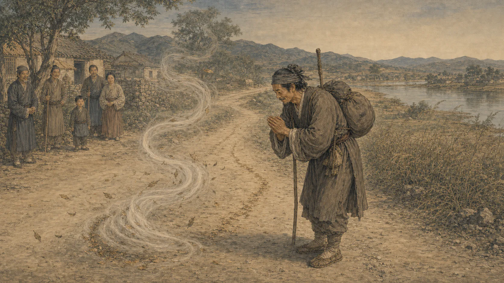清代山东乡路上，许某向随行十余里的旋风再拜告别，邬镇村民在远处目送