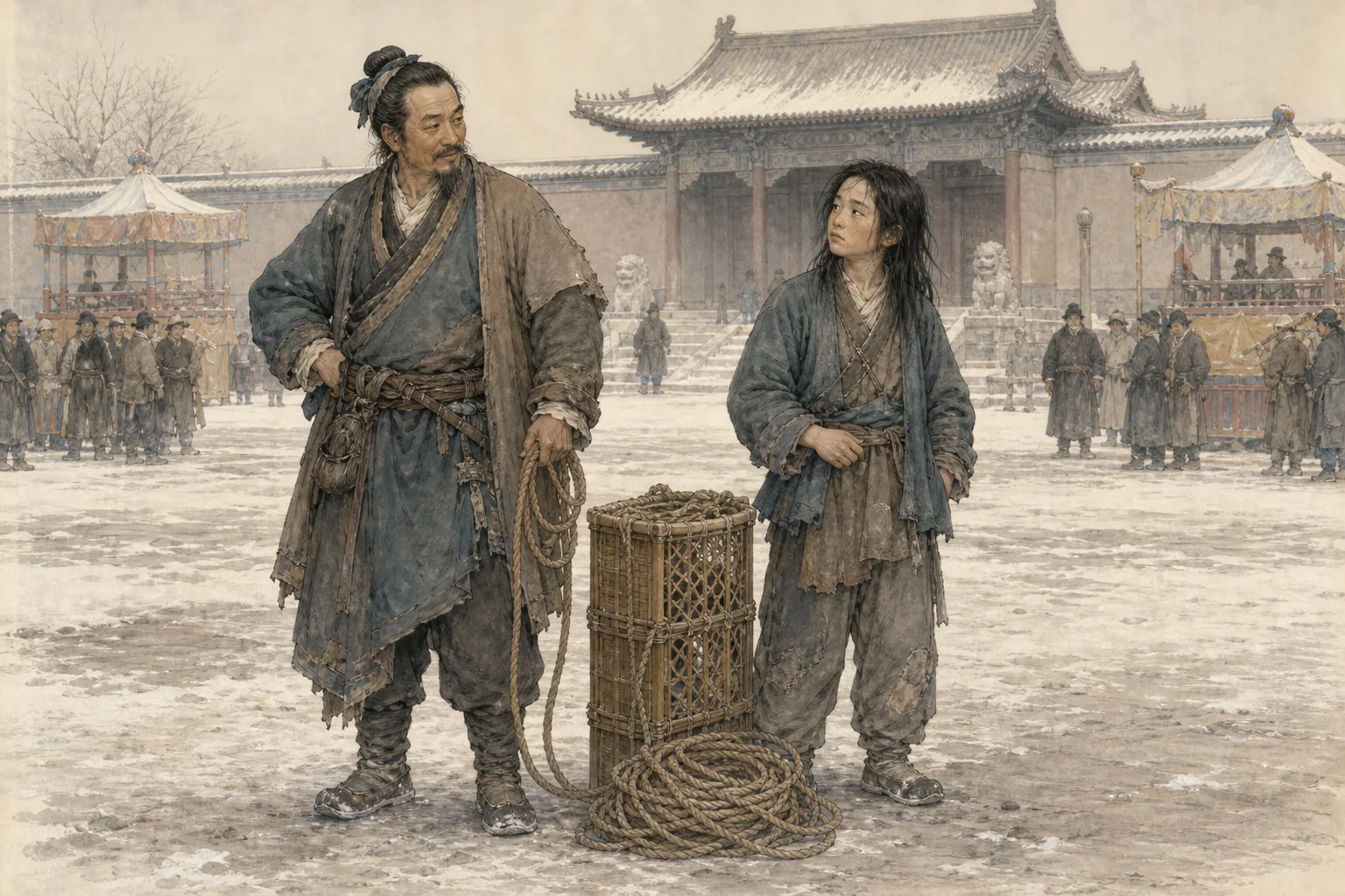 《偷桃》人物图：冬日衙门前，走江湖的中年术人与披发少年站在竹笥、绳索旁
