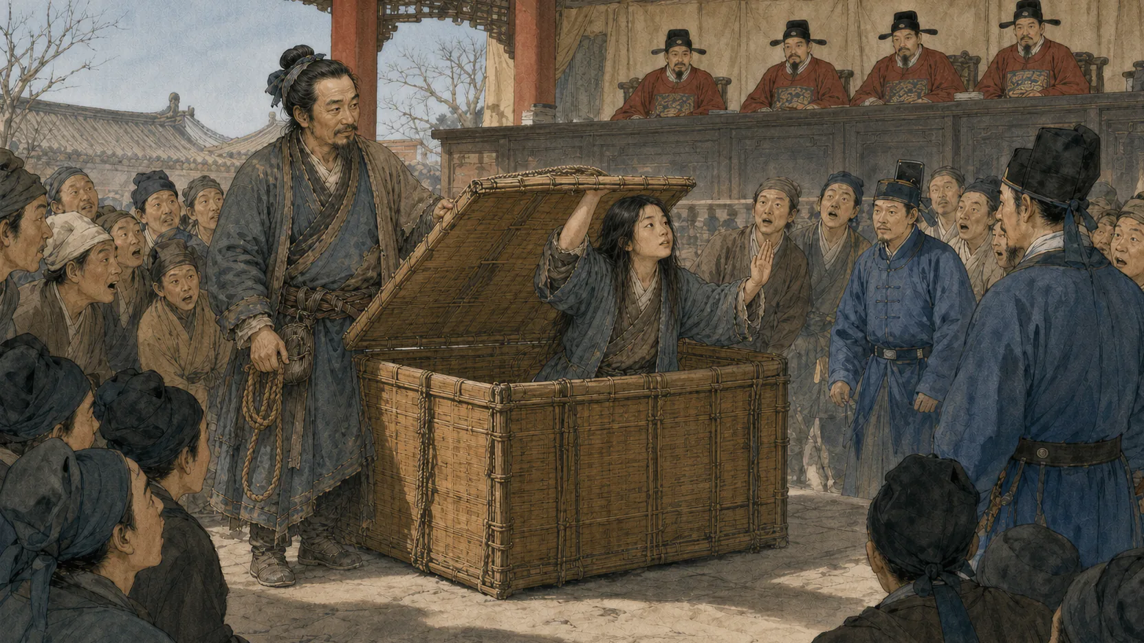 术人收下赏钱后拍开竹笥，披发少年完整无伤地从箱中现身，堂上四官和观众错愕注视