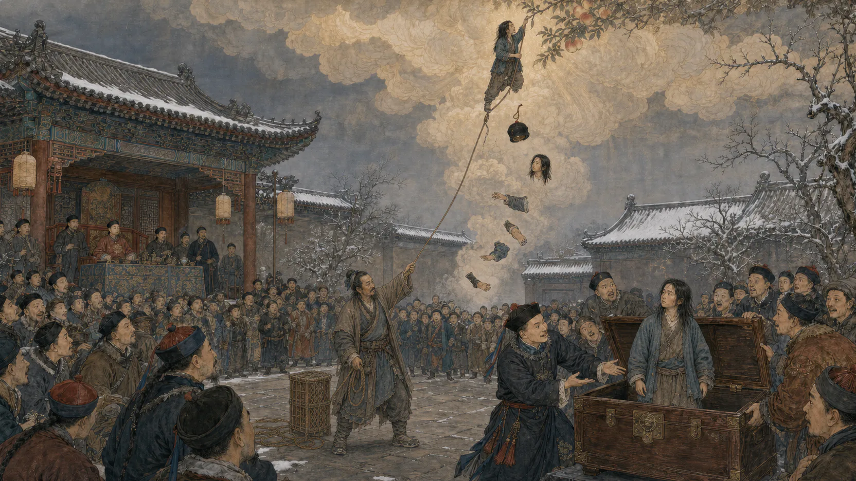 《偷桃》16:9叙事合成图：冬日衙门赛会中，少年攀绳、桃与肢体坠落、竹笥中少年现身